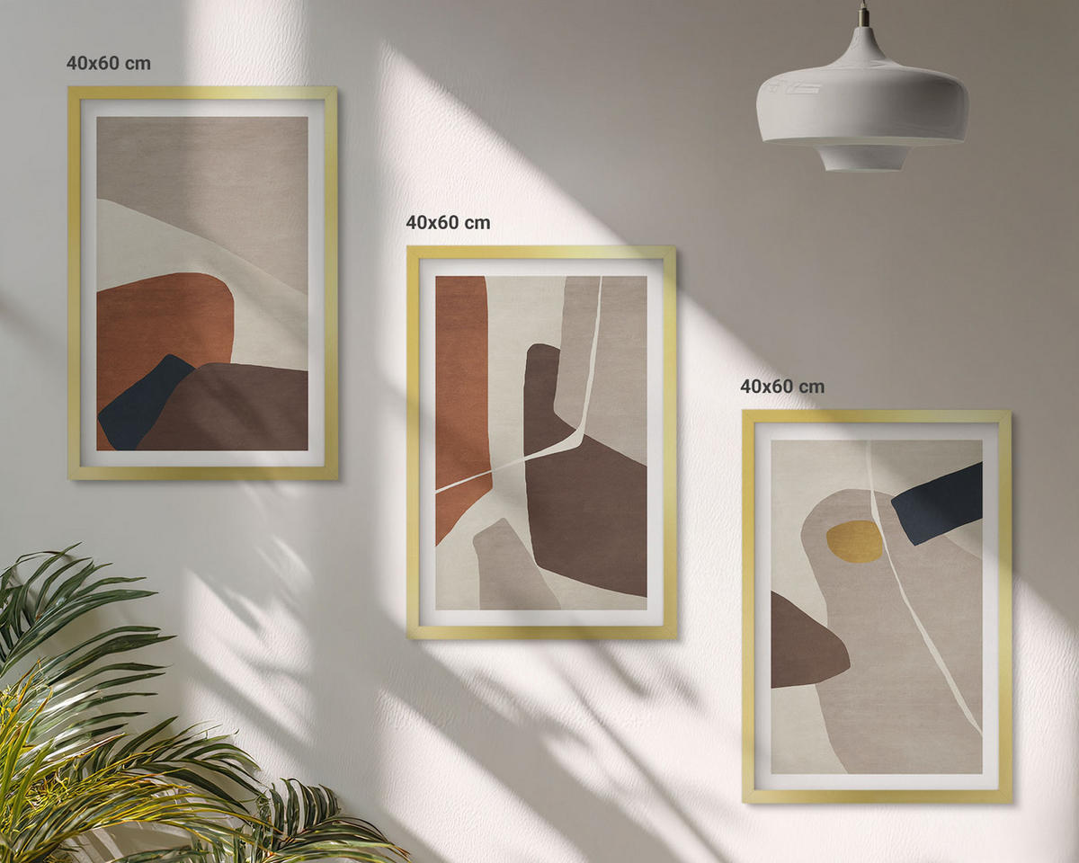 BILDER SET 3er Set - 40x60 cm Goldrahmen - Abstrakte Boho-Malerei - Goldfarben, Kunststoff (40/60cm) - TULUP