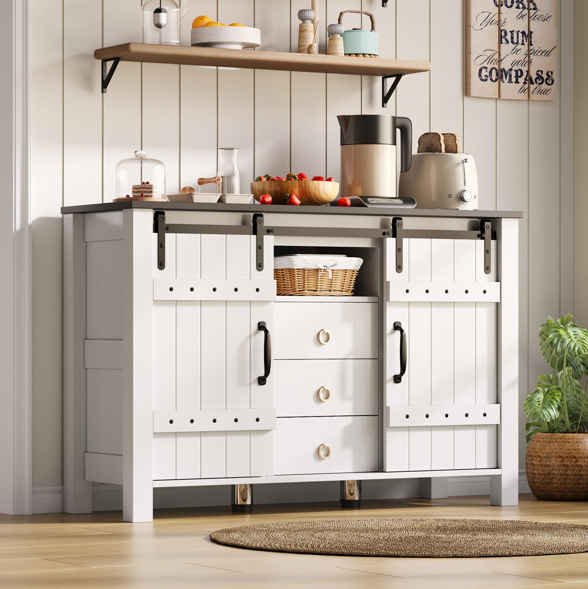 SIDEBOARD aus MDF 120x40x80 cm Weiß mit Schiebetüren und 3 Schubladen im Landhausstil - Weiß, Holzwerkstoff (120/80/40cm) - Modfu
