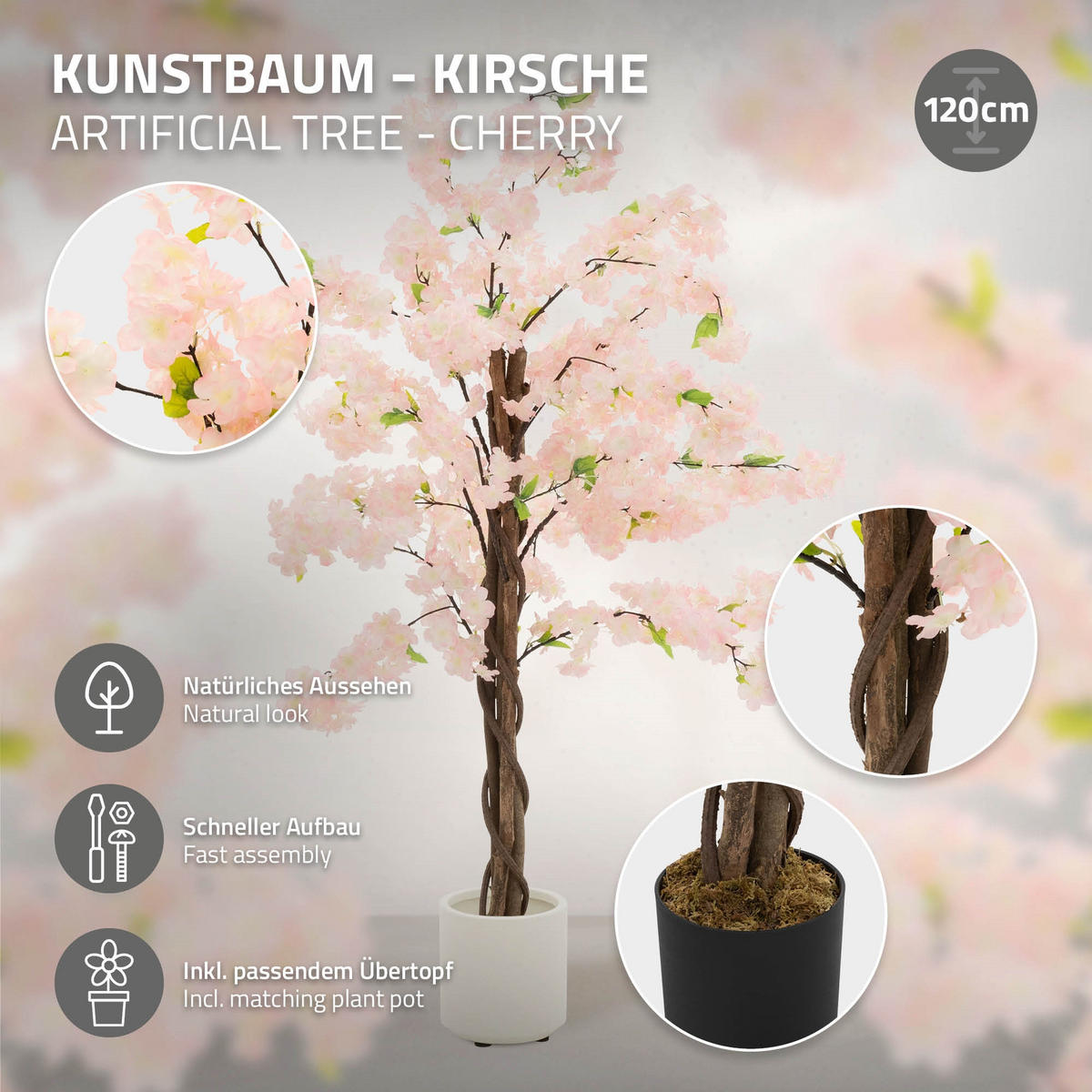 KÜNSTLICHER KIRSCHBLÜTENBAUM 120 cm Rosa mit Naturholzstamm - Pink/Schwarz, Kunststoff/Textil (120cm) - ML-DESIGN