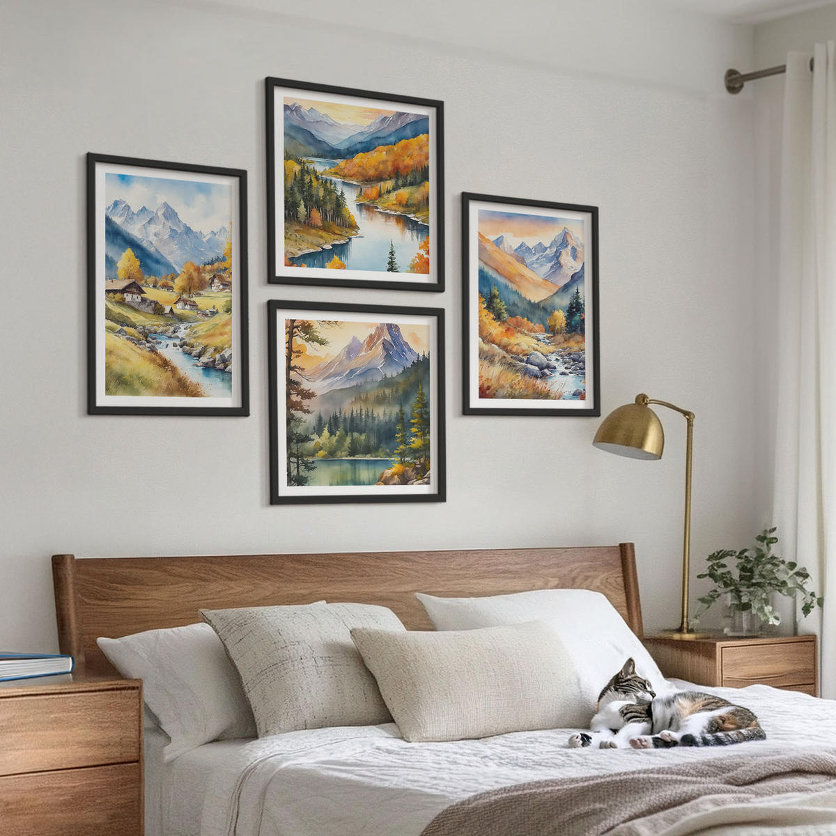 BILDER SET 4er Set - 50x50 cm & 40x60 cm Schwarzer Rahmen - Berglandschaft, Flusshütten - Schwarz, Kunststoff (50/50cm) - TULUP