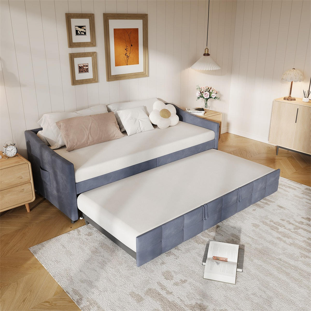 POLSTERBETT 90x200cm mit Ausziehfunktion 90x190cm - Doppelbett 90x200cm&90x190cm - ohne Matratze - Grau - Grau, Textil (90/200cm) - DELFA