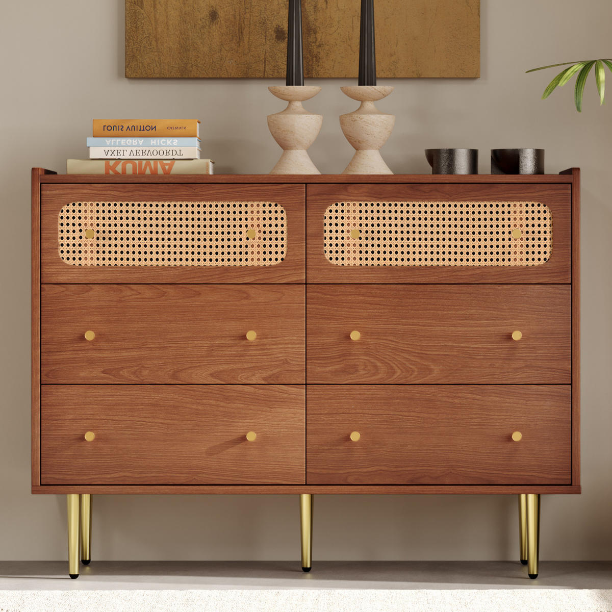 KOMMODE 120/40/90 cm mit 6 Schubladen und Rattanfronten - Naturfarben, Metall (120/90/40cm) - BEAOK