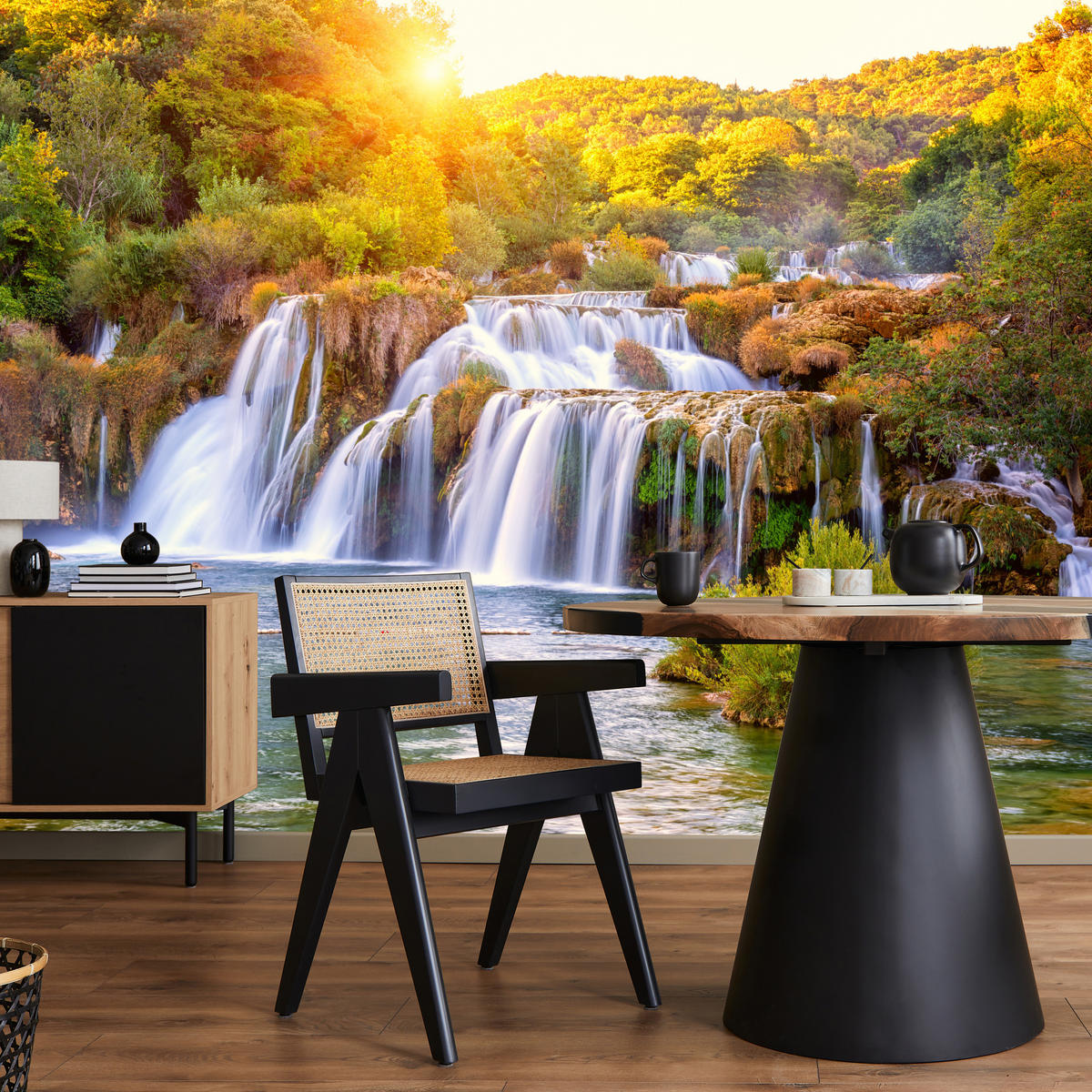 FOTOTAPETE für Esszimmer Wasserfall Sonnenaufgang Morgenlicht Bäume 300x210 - Gelb/Beige, Papier (300/210cm) - Muralo