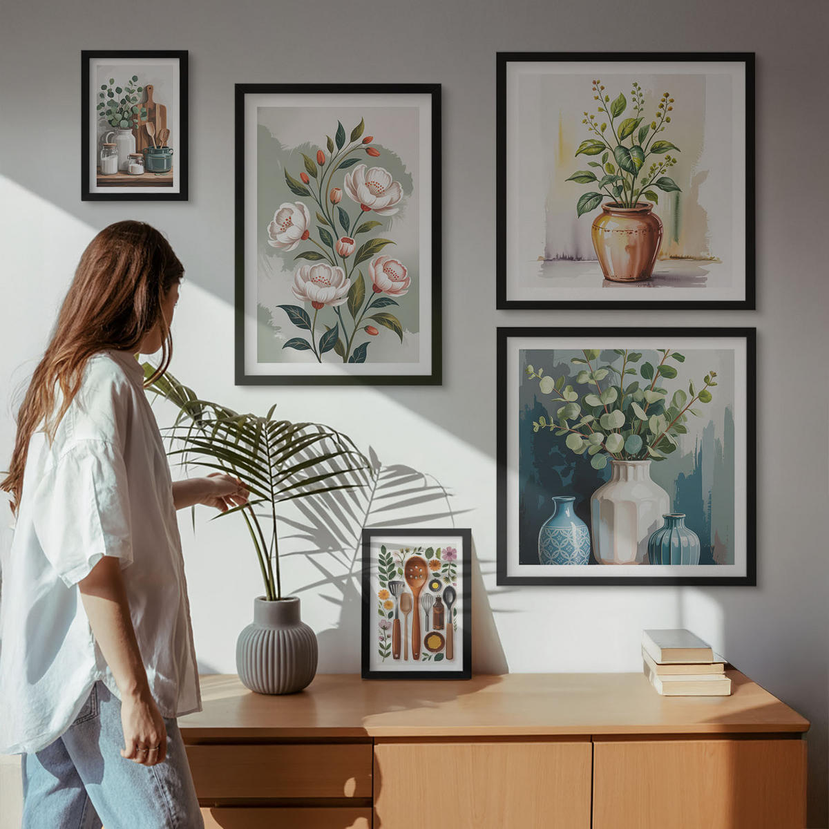 WANDBILDER 5er-Set - 50x50 cm & 20x30 cm & 40x60 cm Schwarzer Rahmen - Blumen und Früchte in Vasen - Schwarz, Kunststoff (40/60cm) - ArtPrintCave