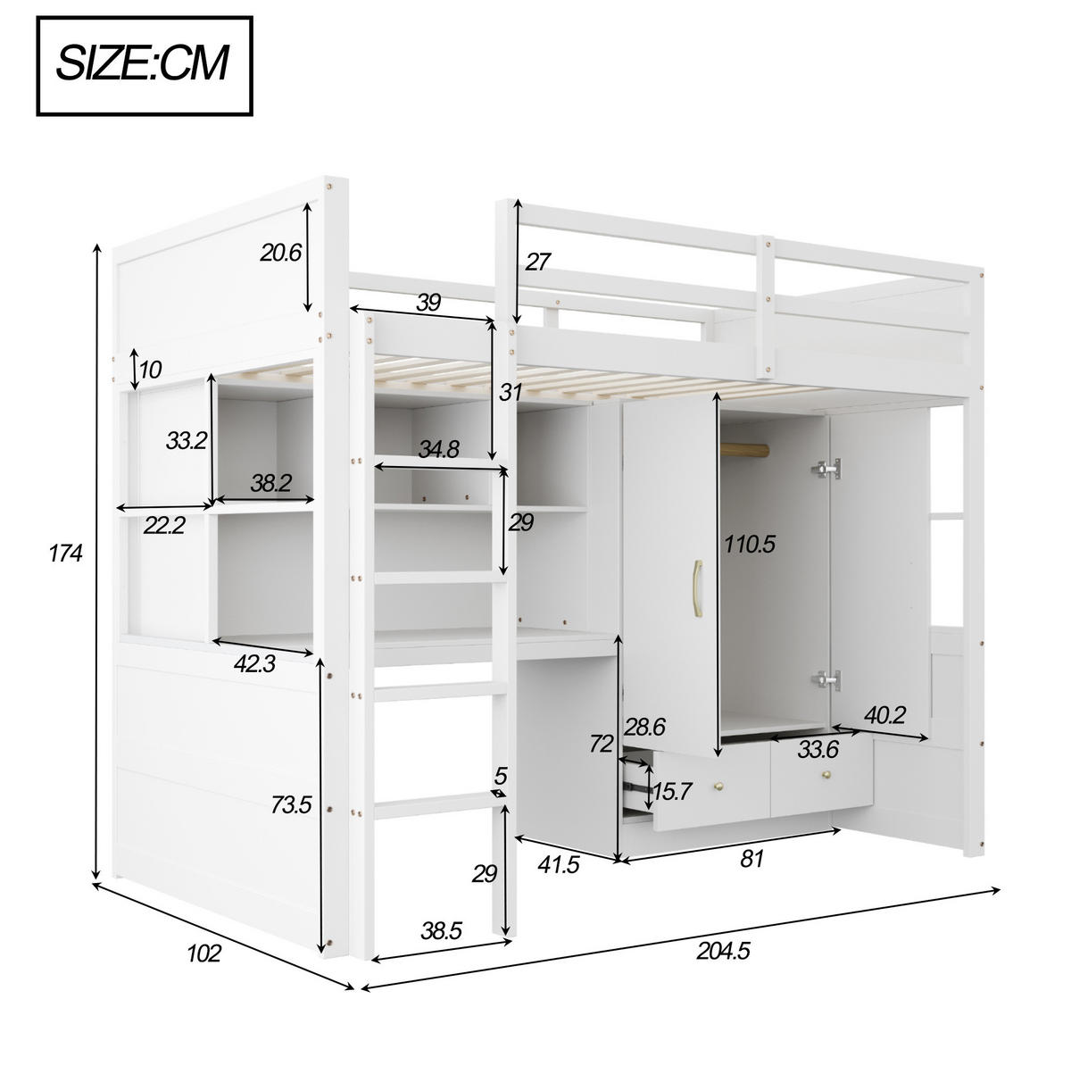 HOCHBETT 90/200 cm aus Holz mit Schreibtisch, Kleiderschrank und Schubladen Weiß - Weiß, Holzwerkstoff (90/200cm) - Modenvie