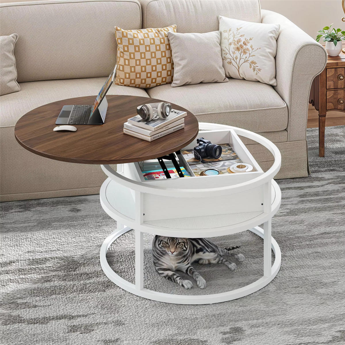 COUCHTISCH rund Lift-Top versteckter Stauraum - Braun, Holz (80/80/61.5cm) - Kaket