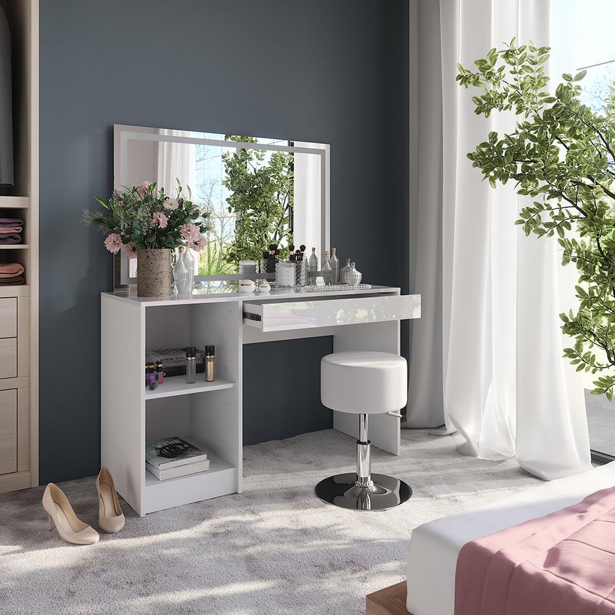 SCHMINKTISCH Sherry Weiß/Weiß Hochglanz 119.8 cm mit LED-Beleuchtung und Hocker - Weiß Hochglanz, Holzwerkstoff (119.8/76/50.1cm) - Vicco