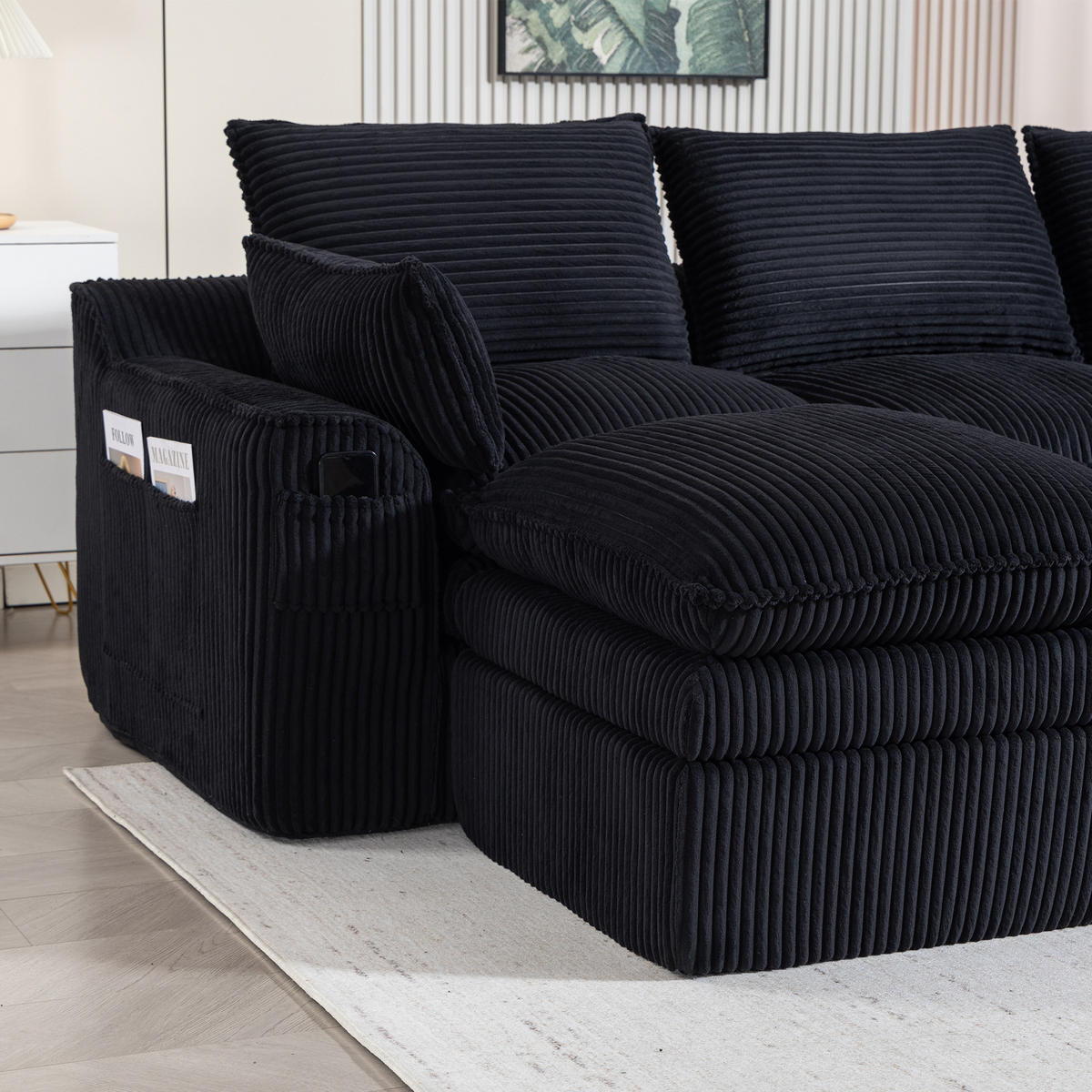 WOHNLANDSCHAFT Cord Schwarz mit Kissen und Seitentaschen - Schwarz, Textil (335/85/167cm) - WISHDOR