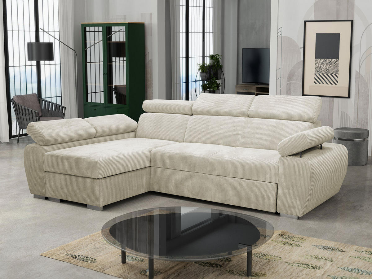 ECKSOFA Boston Mini Premium Cord 2RLC, Seite: Links LC+2R - Chromfarben/Beige, Holz/Textil (255/170cm) - MIRJAN24