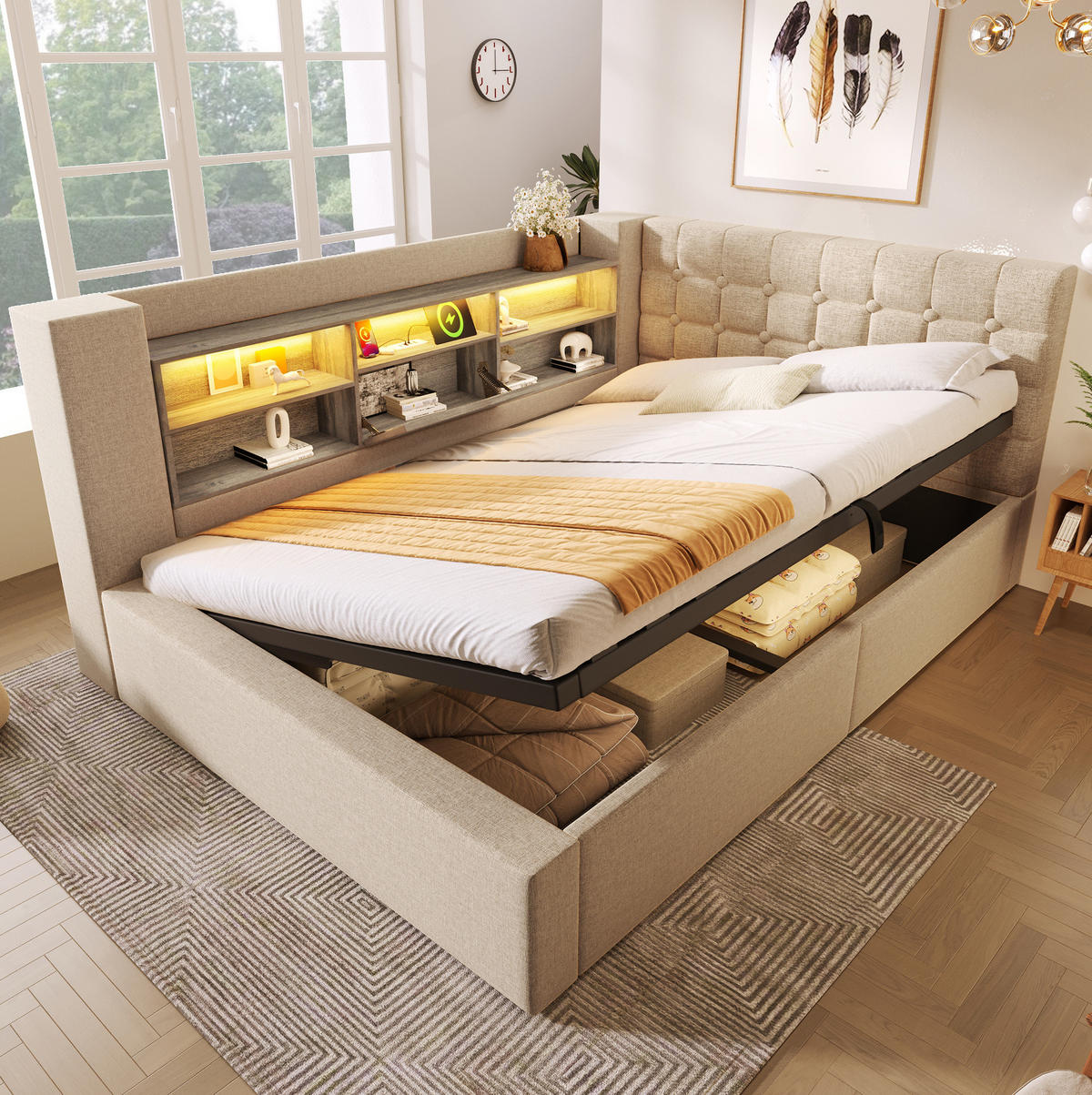 POLSTERBETT 140/200 cm mit LED-Beleuchtung und Bettkasten in Beige - Beige, Textil (140/200cm) - BEAOK