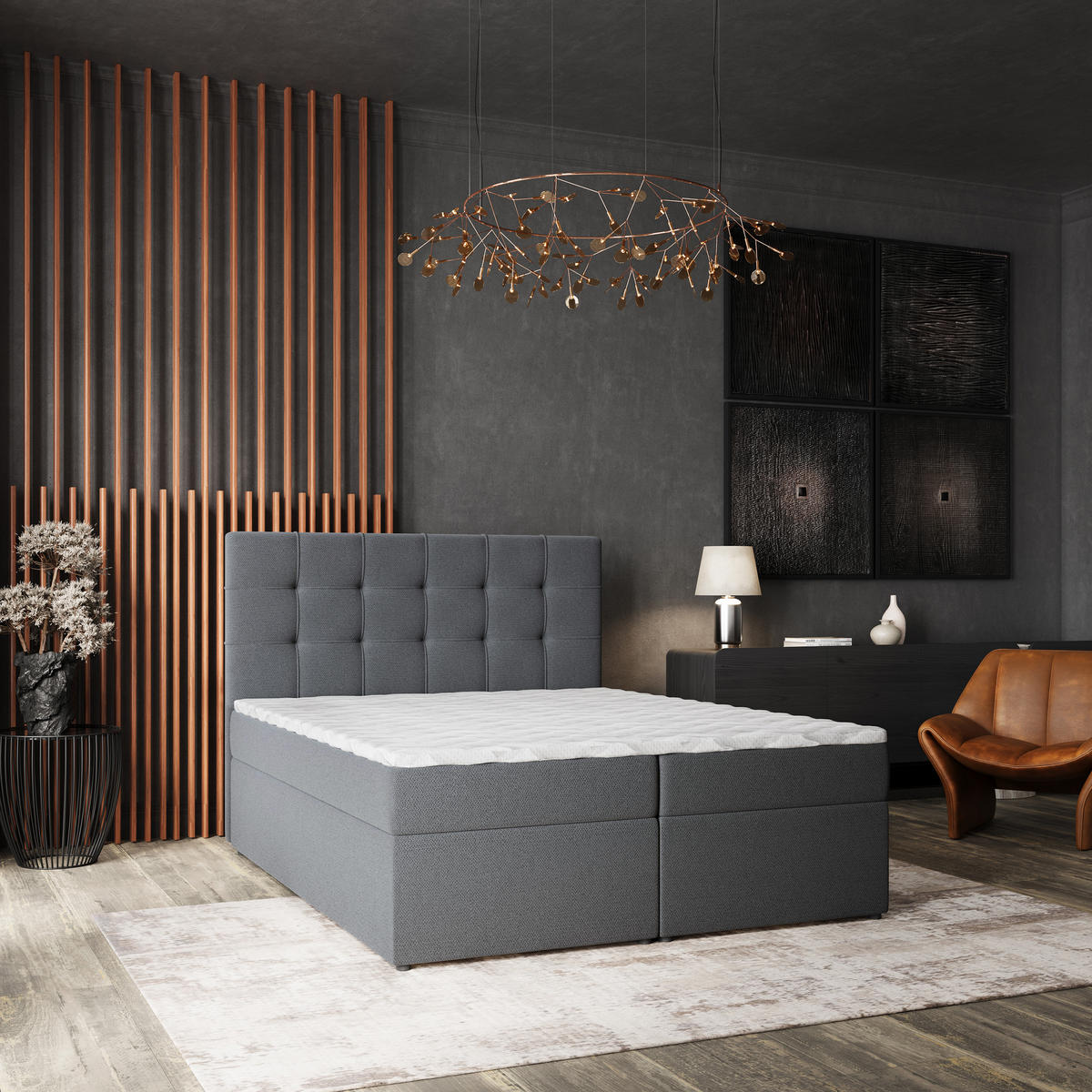 BOXBETT PALMA 180x200 cm mit Matratze und Topper, H2+H3 - Graphitfarben - Graphitfarben, Holz (180/200cm) - MASSENO