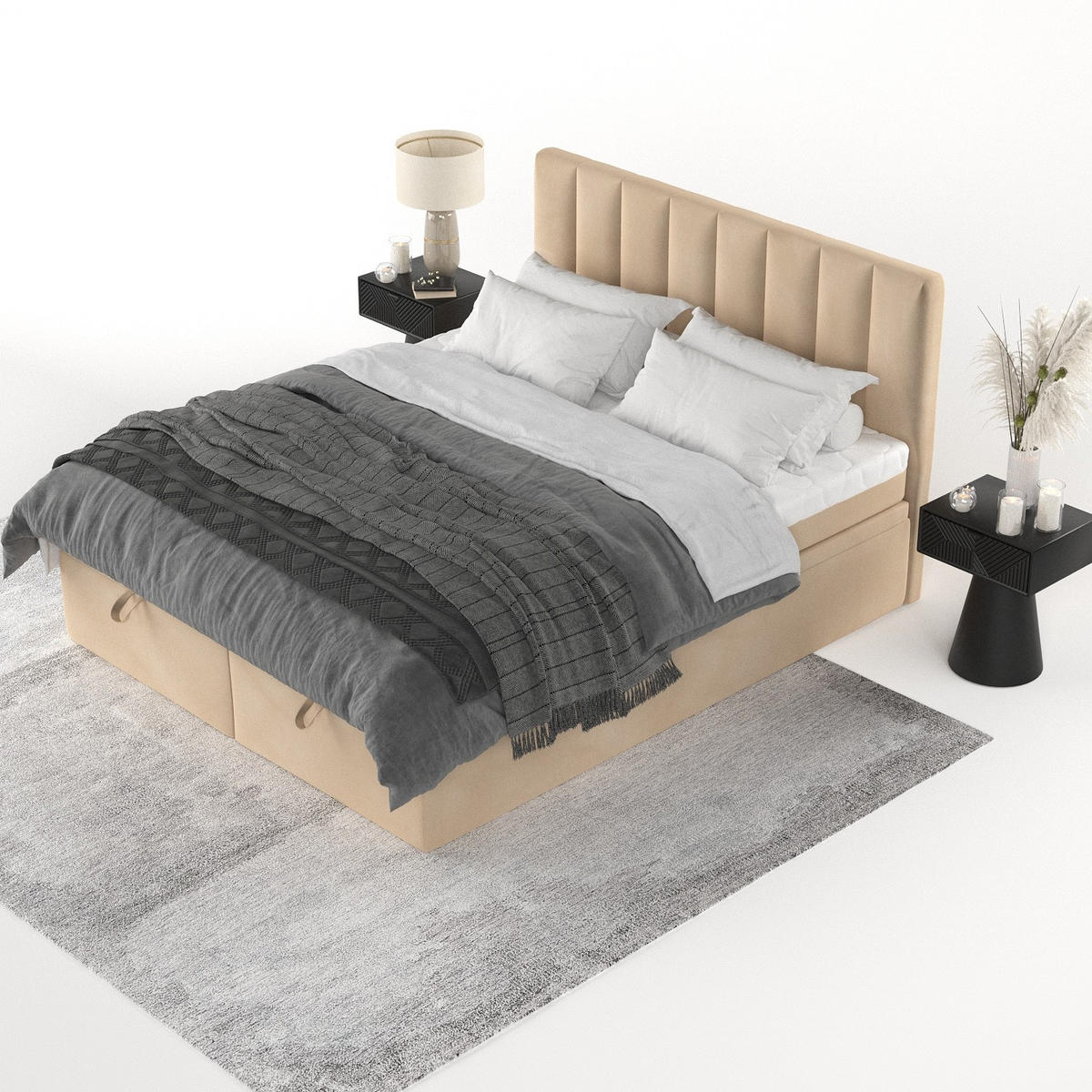 BOXBETT Lume 180/200 cm Beige im Kronos Stoff - Beige/Schwarz, Holz/Holzwerkstoff (180/200cm) - AltaBeds