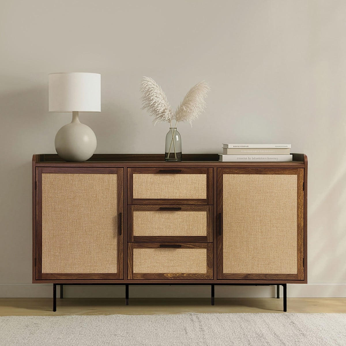 SIDEBOARD im Nussbaumdekor, 2 Türen, 3 Schubladen mit Fronten aus Stoff 140/39,5/79 cm - Nussbaumfarben, Holzwerkstoff (39.5/79/140cm) - Calicosy