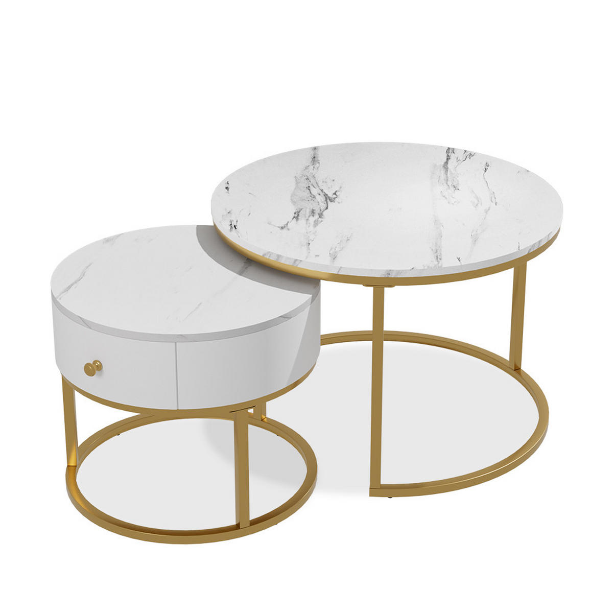 COUCHTISCH-SET Madrid Marmor Weiß 70 x 70 cm , kleiner Tisch mit Schublade - Weiß Hochglanz, Holzwerkstoff (70/70/48cm) - Vicco