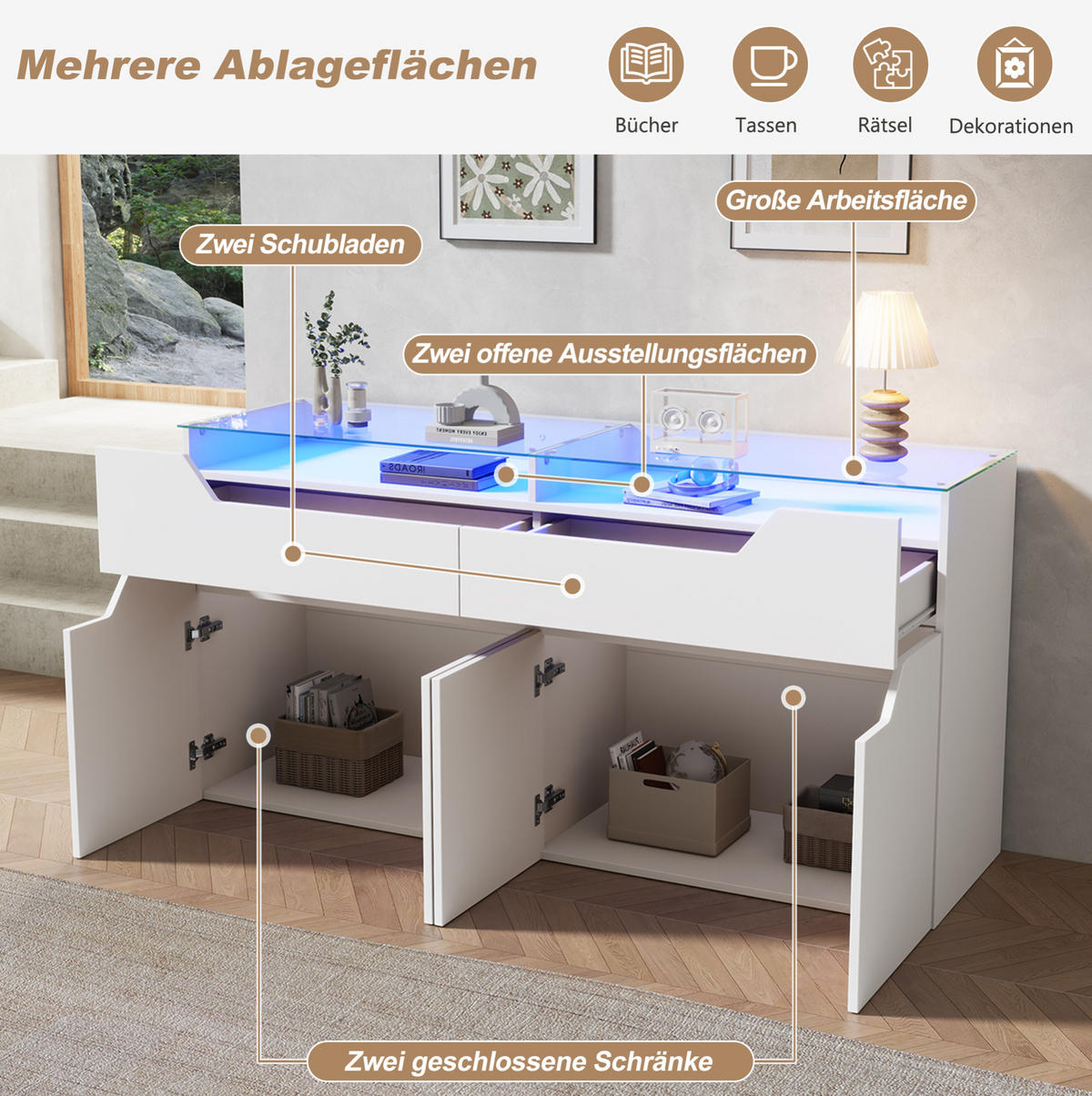 SIDEBOARD 140/40/70 cm weiß aus MDF mit Glasplatte und LED - Weiß, Holzwerkstoff (140/70/40cm) - OKWISH