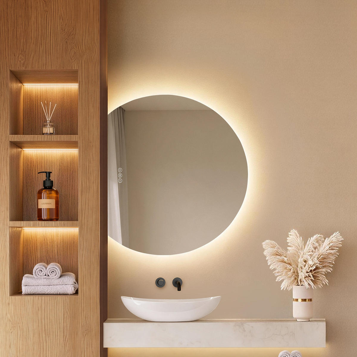 BADSPIEGEL LED 70 x 62 cm mit 3 Lichtfarben, Antibeschlagfunktion und Touch-Schalter - Transparent, Glas (70/62/2.5cm) - EMKE