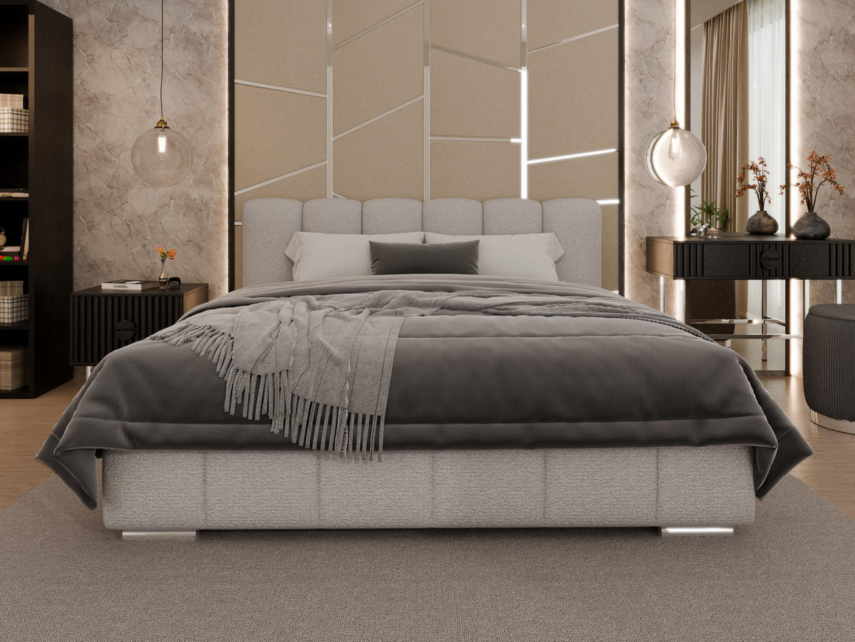 POLSTERBETT ZAIRA 180 x 200 cm mit Bettkasten und Lattenrost, 7-Zonen-Taschenfederkernmatratze CIRA (24 cm) – Dunkelbeige - Beige, Holz (180/200cm) - Panda Möbel