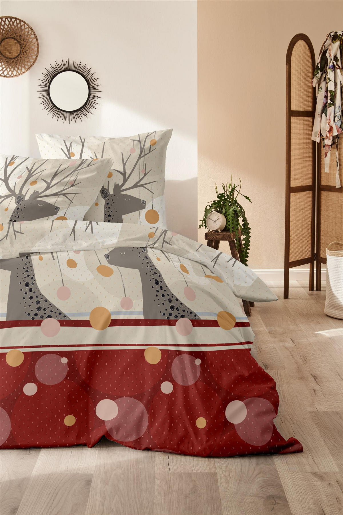 BETTWÄSCHE Biber 155x220 Weihnachten Hirsche Flanell Winter Bettbezug Kuschelig warm - Rot, Textil (155/220cm) - Carpe Sonno