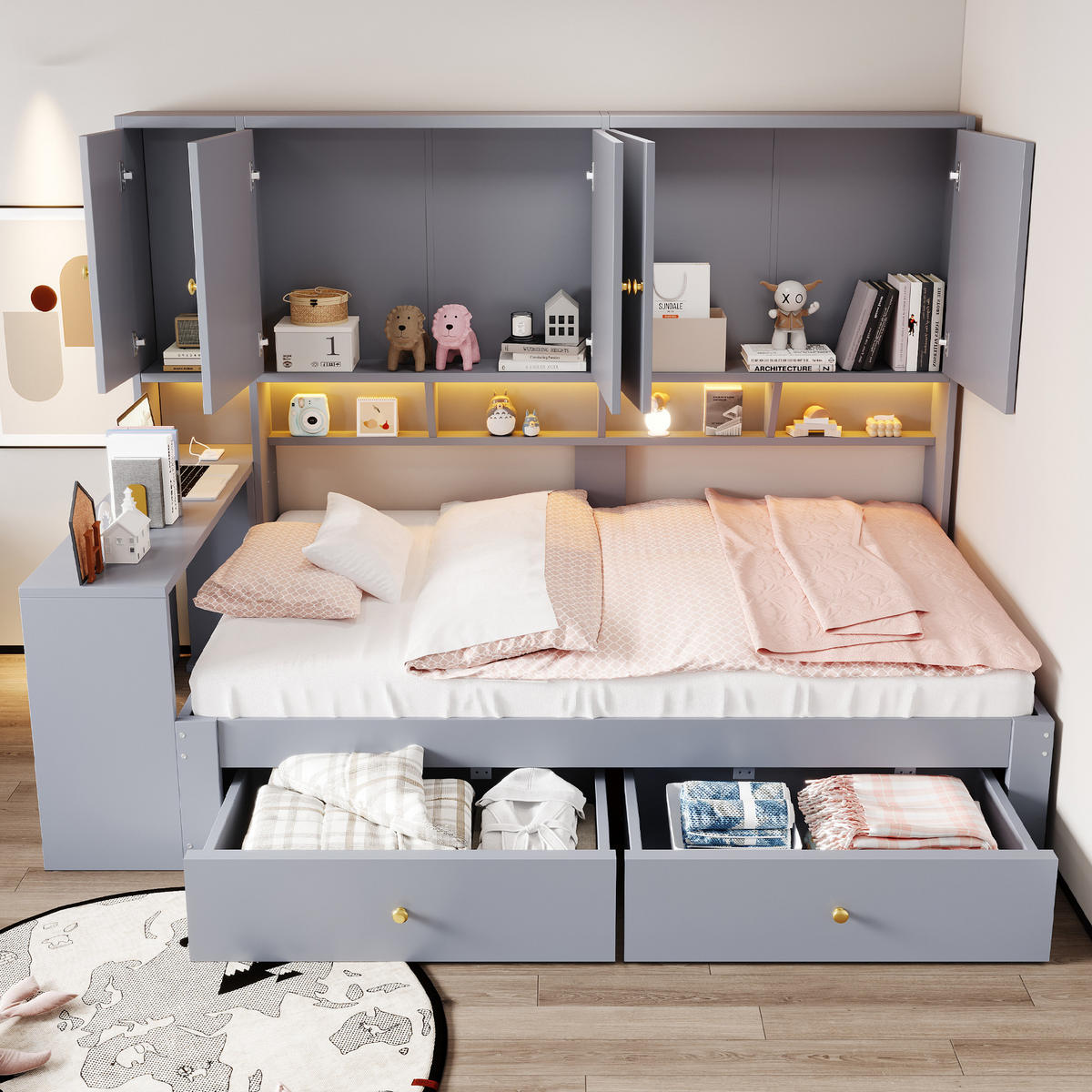STAURAUMBETT 90/200 cm mit Schreibtisch, LED und Schubladen, DE-41644, in Grau - Grau, Holzwerkstoff (90/200cm) - ComfortXL