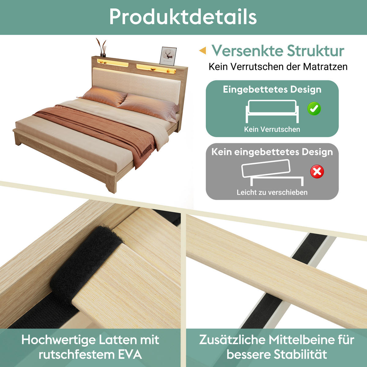 DOPPELBETT 140/200 cm mit LED-Kopfteil, Stauraum und Cord-Rückenlehne, Eichefarben/Beige - Beige, Textil (140/200cm) - Redom