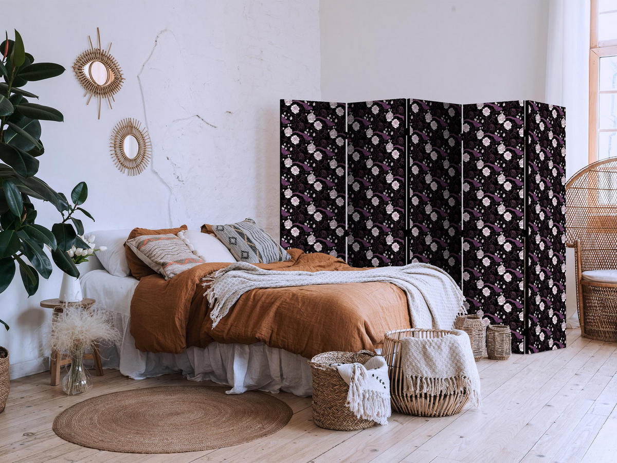 PARAVÁN Jednostranný 5-dielny 225x172 cm Vtáky a pivonky - čierna, drevo/textil (225/172/3cm) - Muralo
