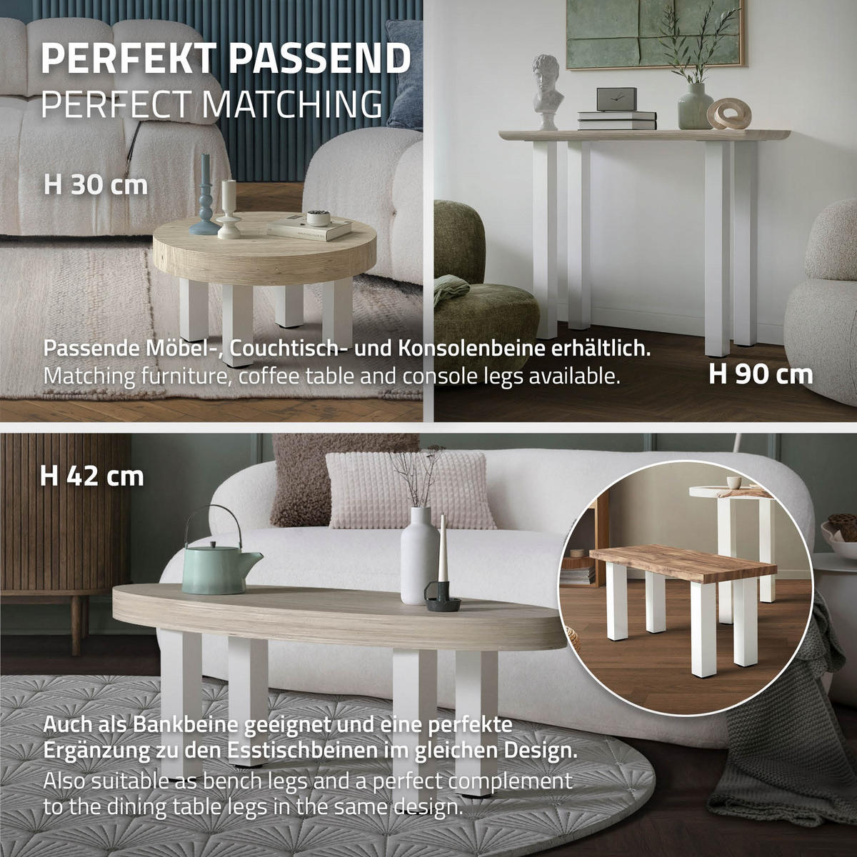 TISCHBEINE 4er Set I-Design H:72 cm Weiß 8x8 cm - Weiß, Metall (8/72/8cm) - ML-DESIGN