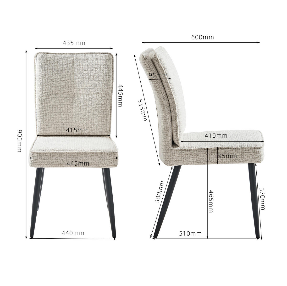 STUHL 2er-Set mit Metallbeinen Chenille Cremeweiß - Weiß, Metall (41/90.5/44cm) - Meubliv