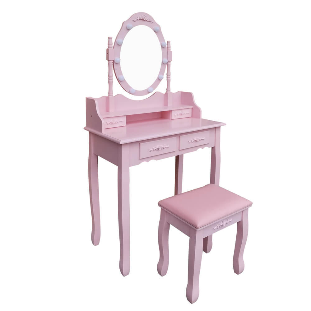 SCHMINKTISCH Rosa RUSTIKA mit Spiegel Hocker LED Beleuchtung Schubladen - Rosa, Holzwerkstoff (71/149/40cm) - Aileenstore