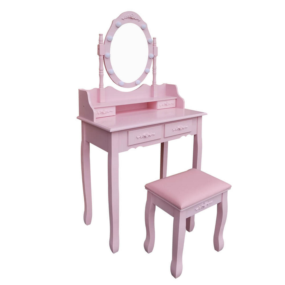 SCHMINKTISCH Rosa RUSTIKA mit Spiegel Hocker LED Beleuchtung Schubladen - Rosa, Holzwerkstoff (71/149/40cm) - Aileenstore