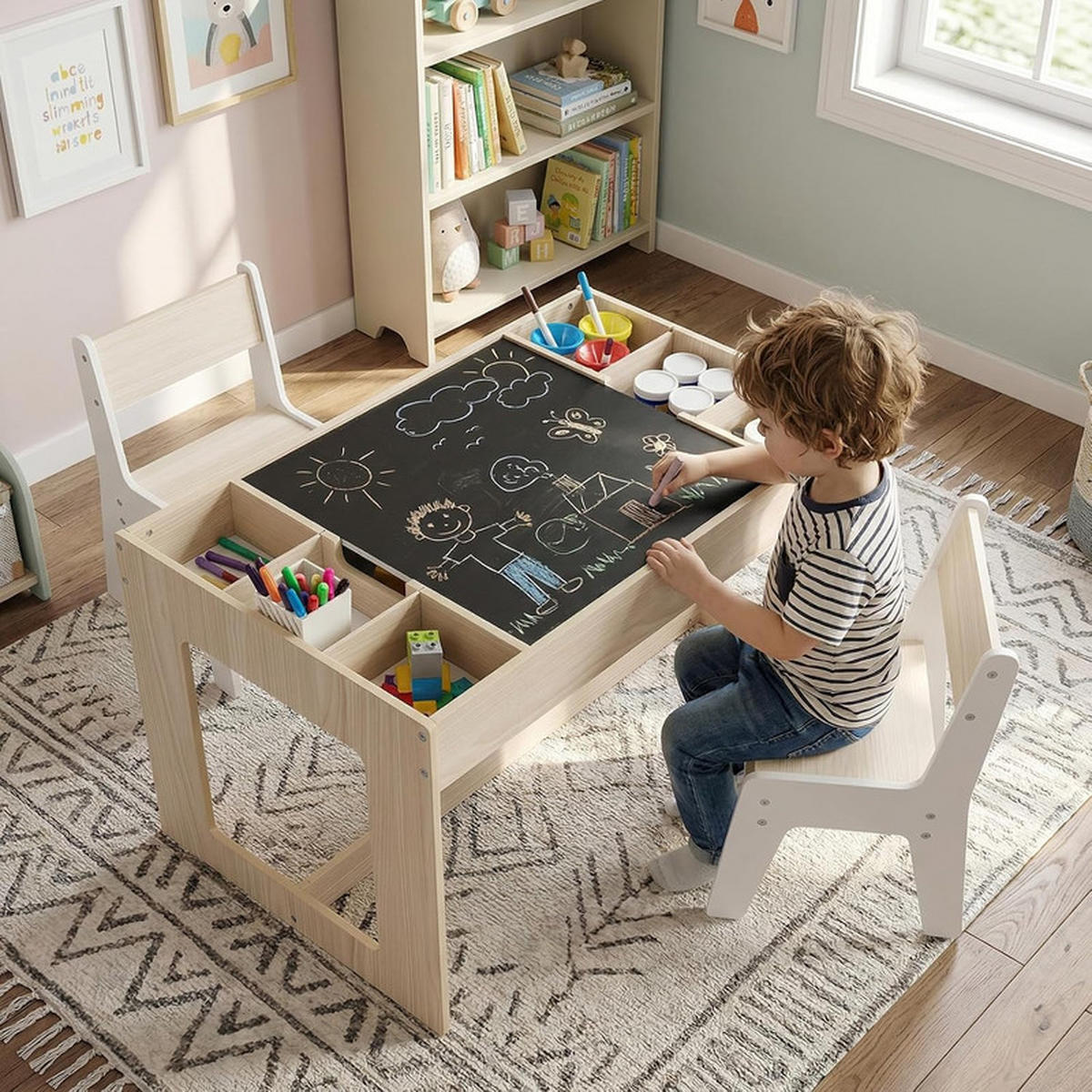 KINDERTISCH mit Stuhl natur(3-tlg) - Naturfarben, Holzwerkstoff (80/48/49cm) - COSTWAY