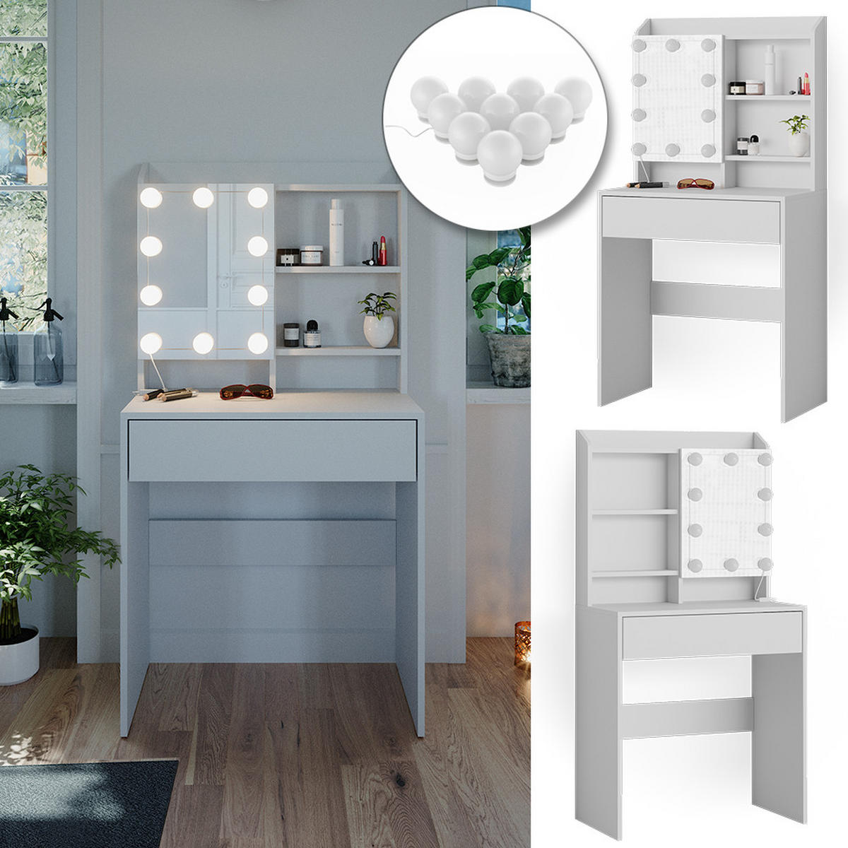 SCHMINKTISCH Laura Weiß 70 cm mit LED Beleuchtung - Weiß, Holzwerkstoff (70/136/40cm) - Vicco