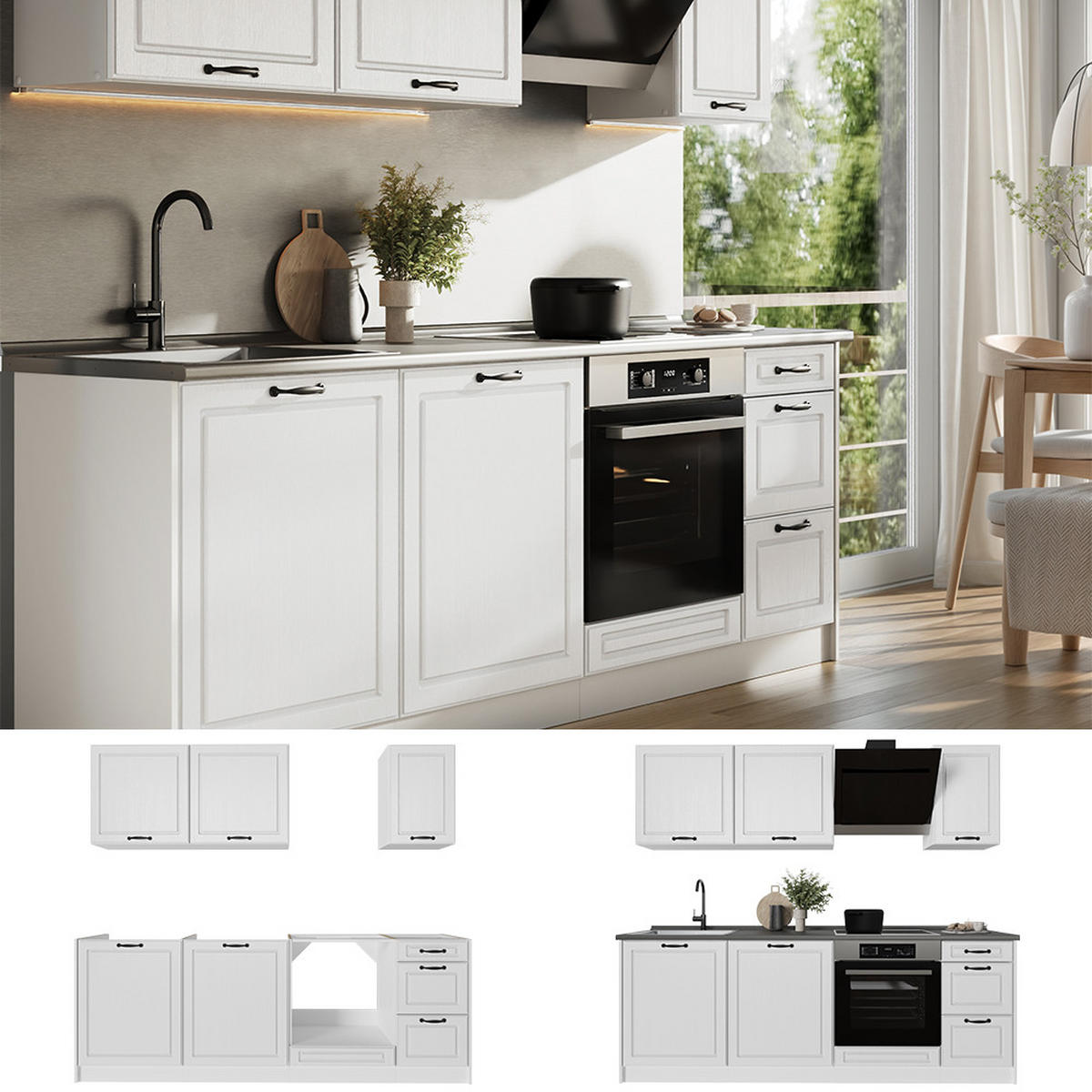KUCHYNKA R-Line, Biely vidiecky dom/biely, 220 cm Marmori työtaso - biela, kompozitné drevo (220/81.6/60cm) - Vicco