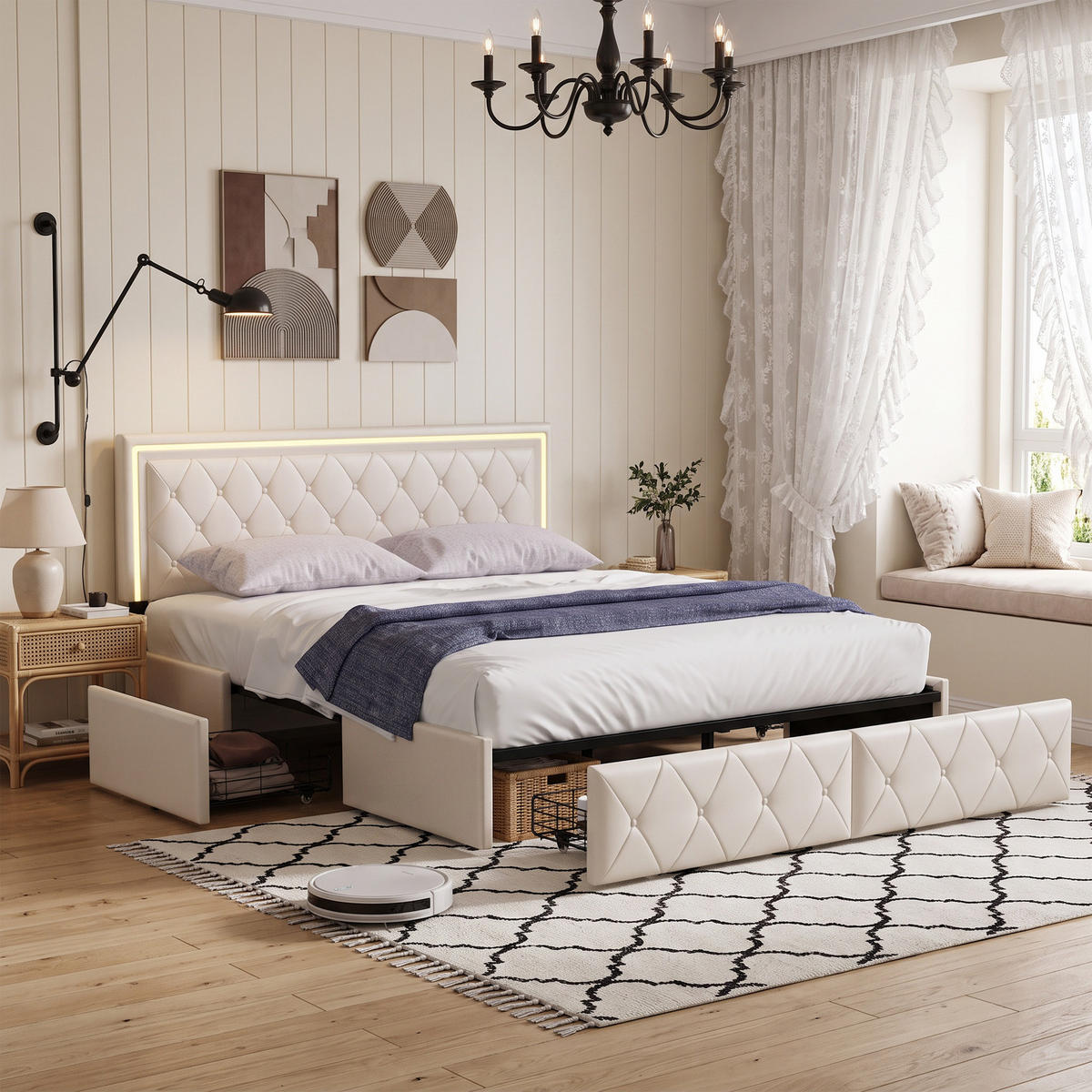 POLSTERBETT 160x200 cm mit LED und Stauraum, Lattenrost, doppelbett 160x200 mit 4 Schublade, PU Ecru - Ecru, Leder/Holz (160/200cm) - GENKI LIVING