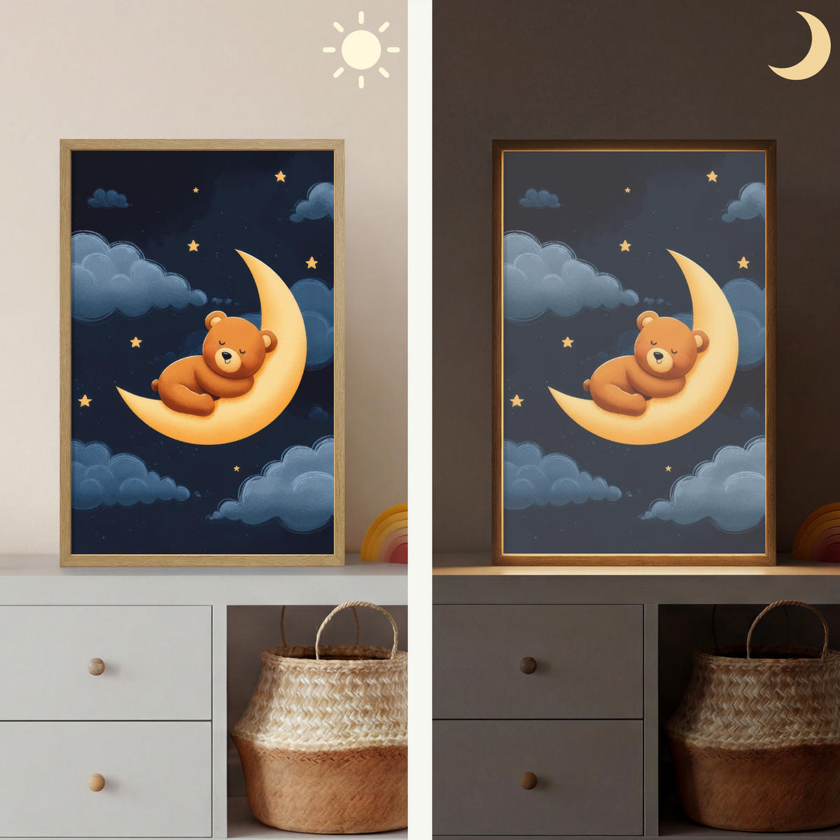 NÁSTĚNNÁ LAMPA S AKUMULÁTOREM Medvídek - Měsíc - Mraky - Hvězdy 40x60 cm - tmavě modrá, kompozitní dřevo (40/60/8cm) - OnlyWow