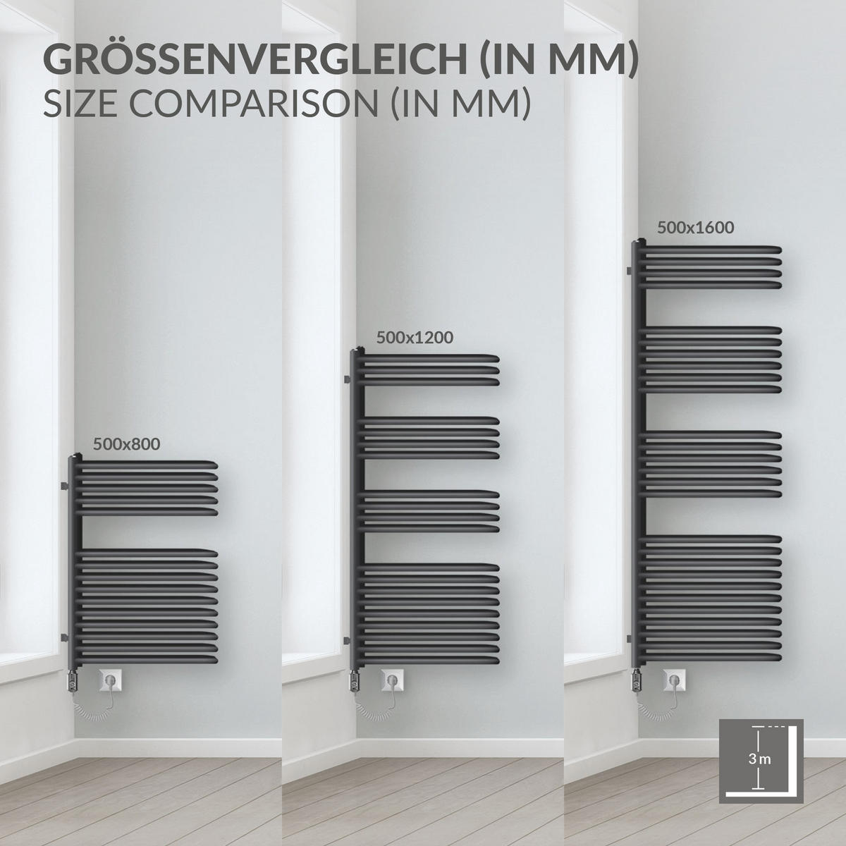 BADHEIZKÖRPER Stella 480x1600 mm Schwarz mit Ventil Durchgang - Schwarz, Metall (48/160/5cm) - LuxeBath
