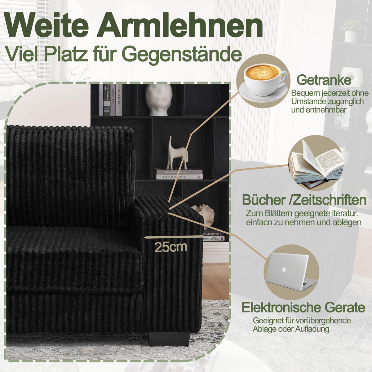 ECKSOFA 256.5/133.5/89 cm Schwarz Cord mit 2 Kissen und ovaler Fußhocker - Schwarz, Textil (133.5/89/256.5cm) - Oxeza