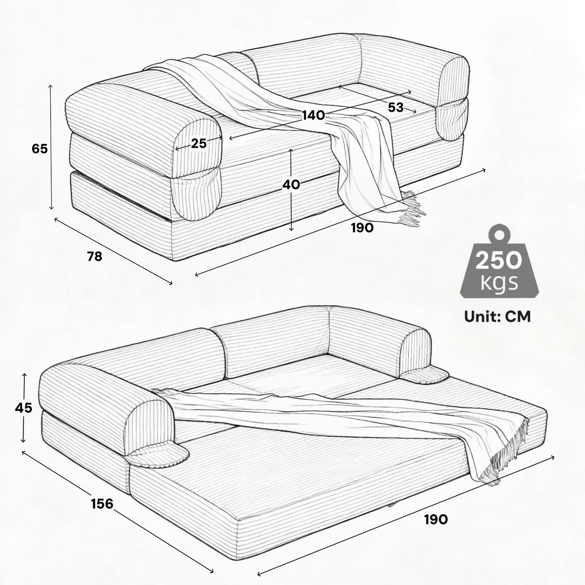 SCHLAFSOFA Cordstoff, 2-in-1 Klappsofa, 2-Sitzer, Sofabett 190×156 cm, Schwarz - Schwarz, Textil (190/65/78cm) - LVHOM