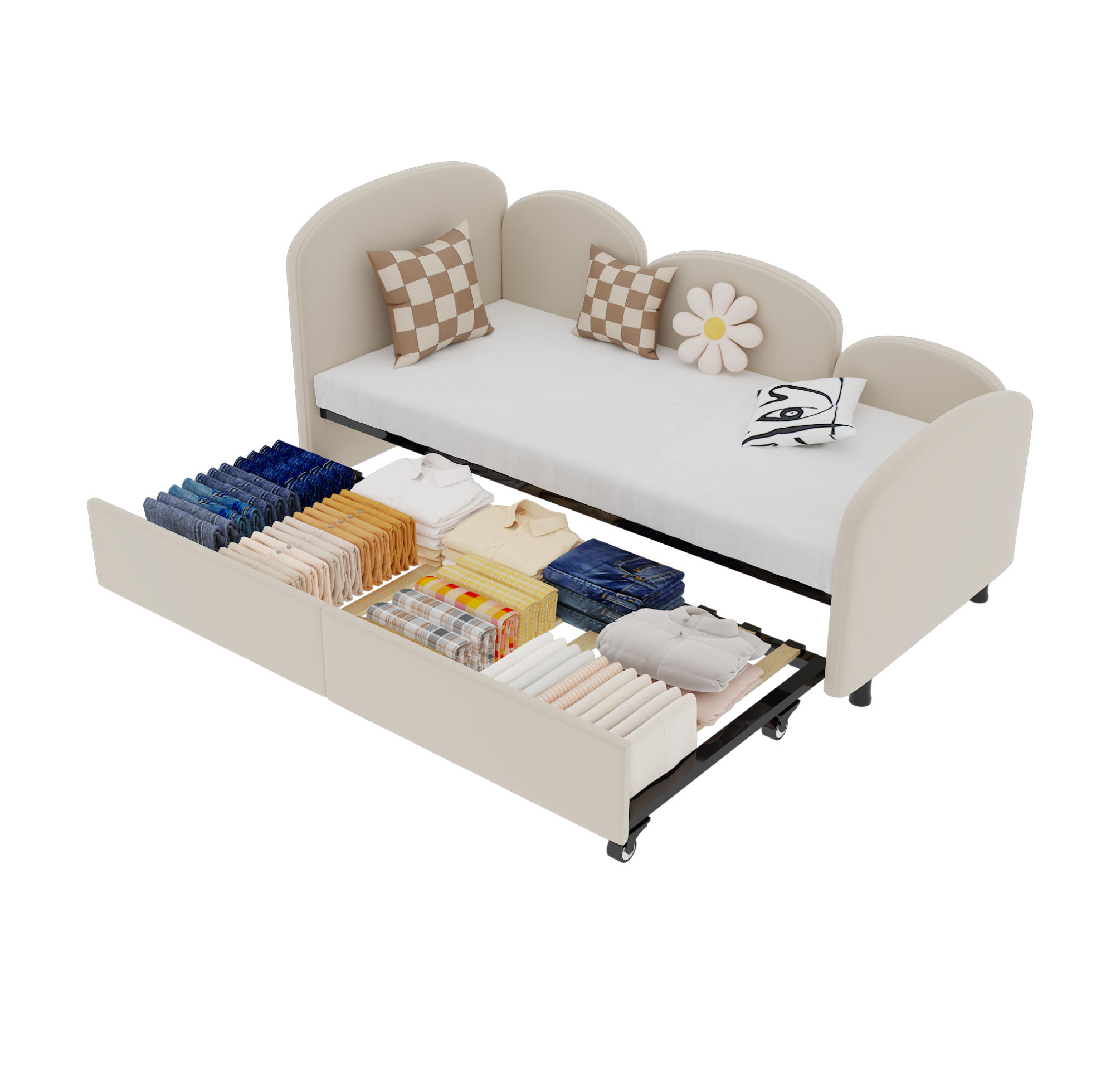 POLSTERBETT aus Eisen und Samt 90x200 cm Beige mit Schublade und Blumenform - Beige, Textil (90/200cm) - Modfu