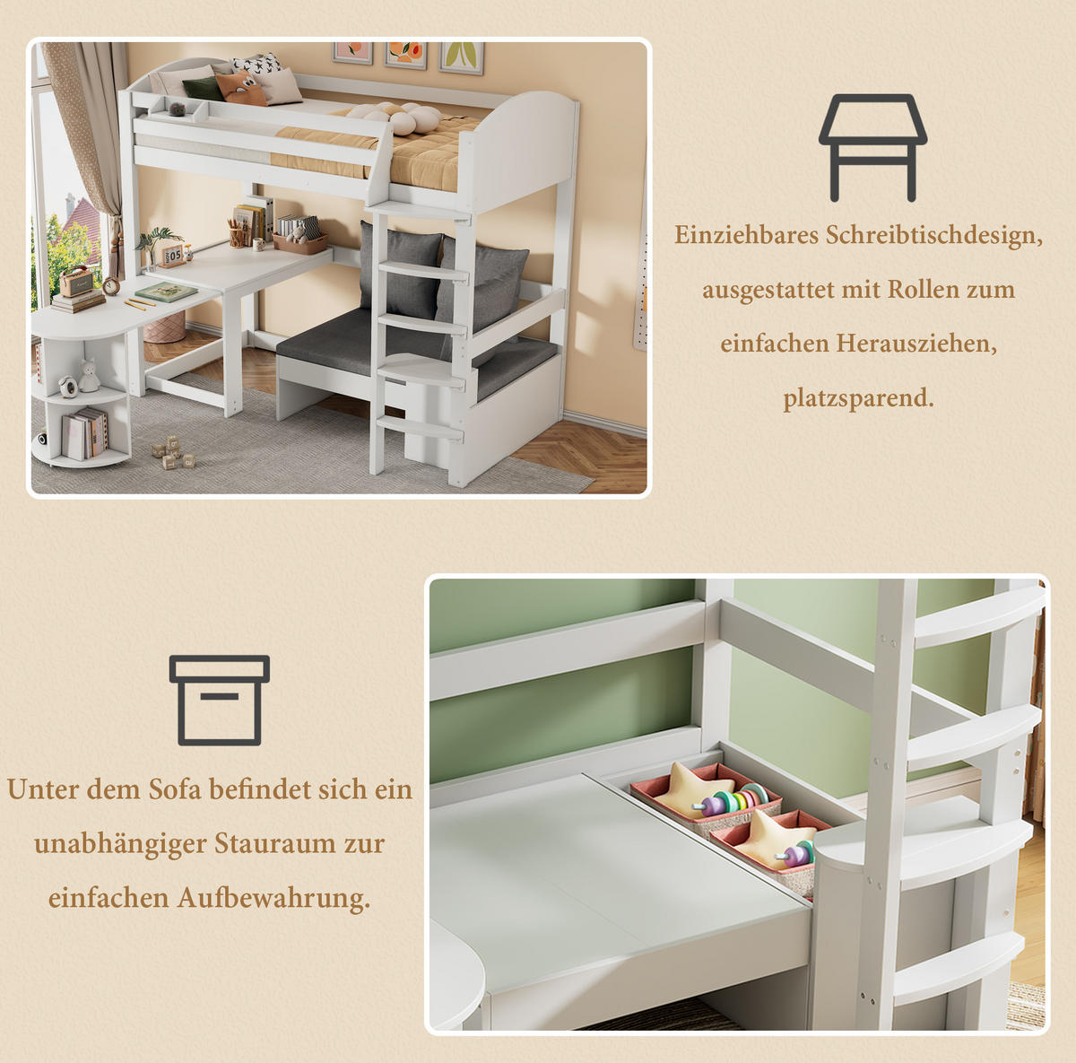 HOCHBETT mit Schreibtisch 90/200 cm in Weiß – mit Sofa, Stauraum und Leiter - Weiß, Holzwerkstoff (90/200cm) - BEAOK