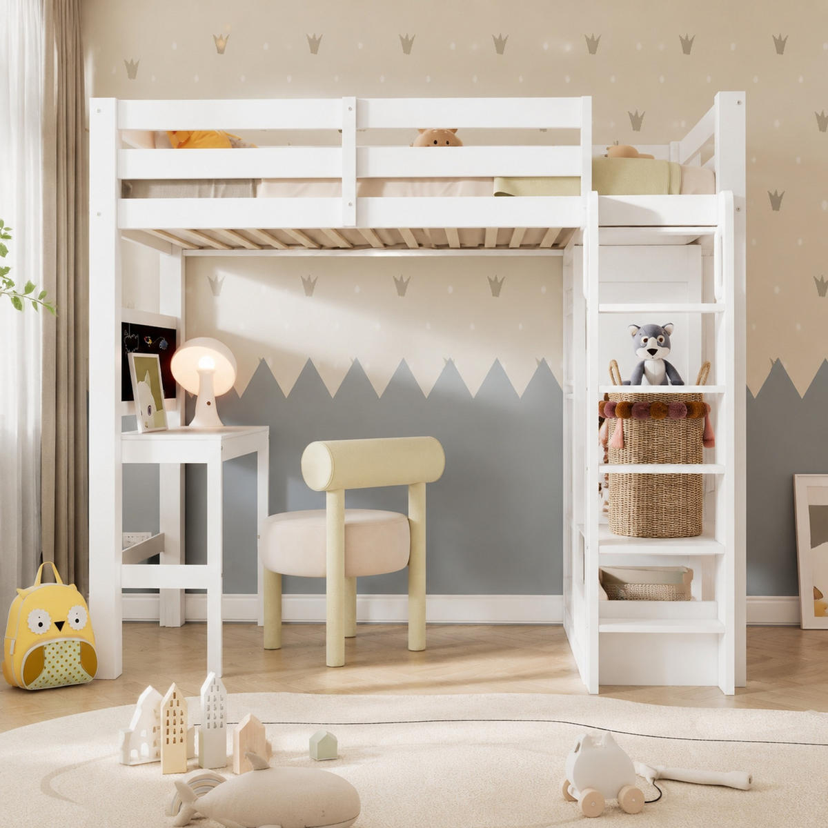 HOCHBETT 90/200 mit Schreibtisch, Regalen und Kleiderschrank in Weiß - Weiß, Holzwerkstoff (90/200cm) - EVRYAE