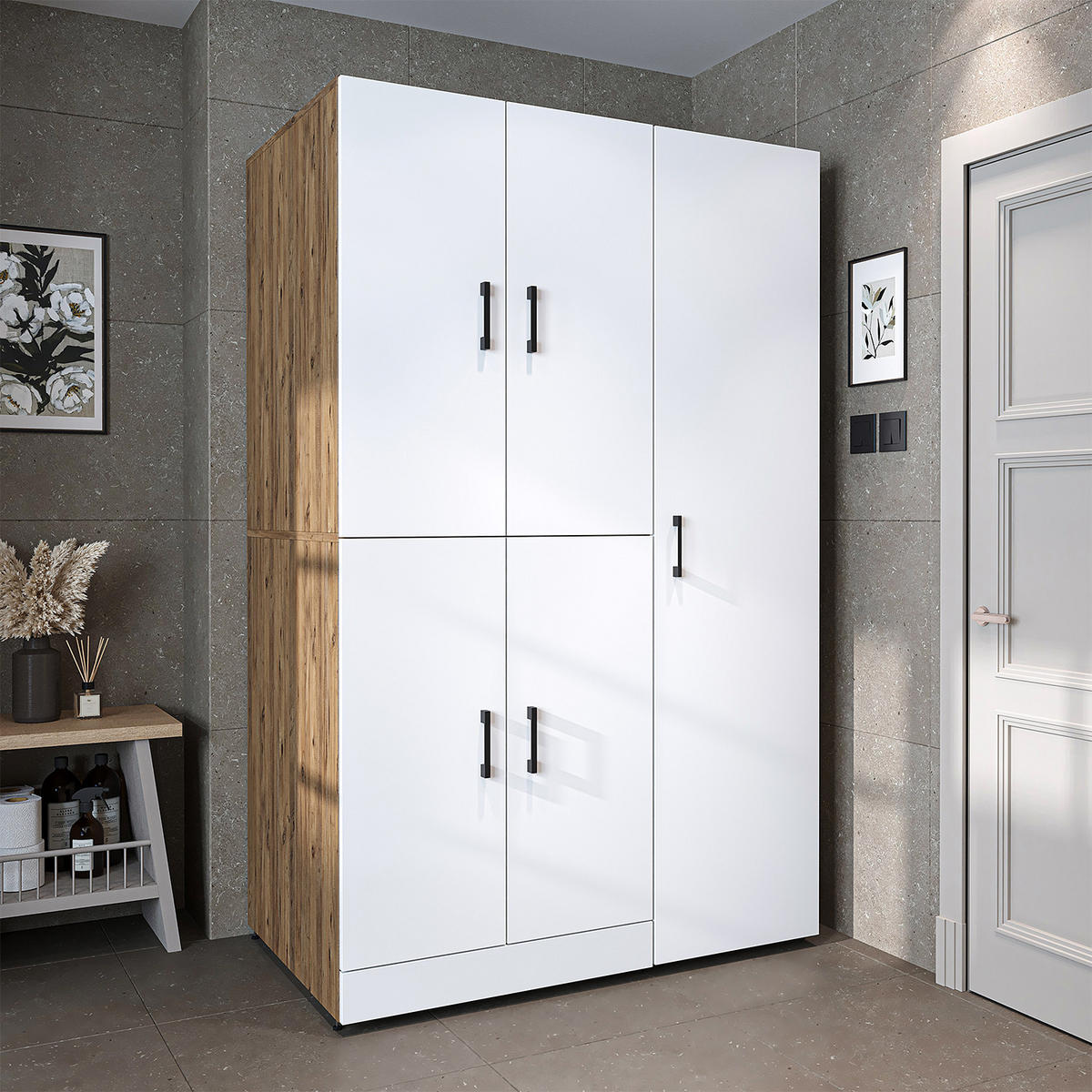 WASCHMASCHINENSCHRANK DORA-I 115cm Breit, 186cm Hoch - Eiche Bianco, Holzwerkstoff (115/186/73.8cm)