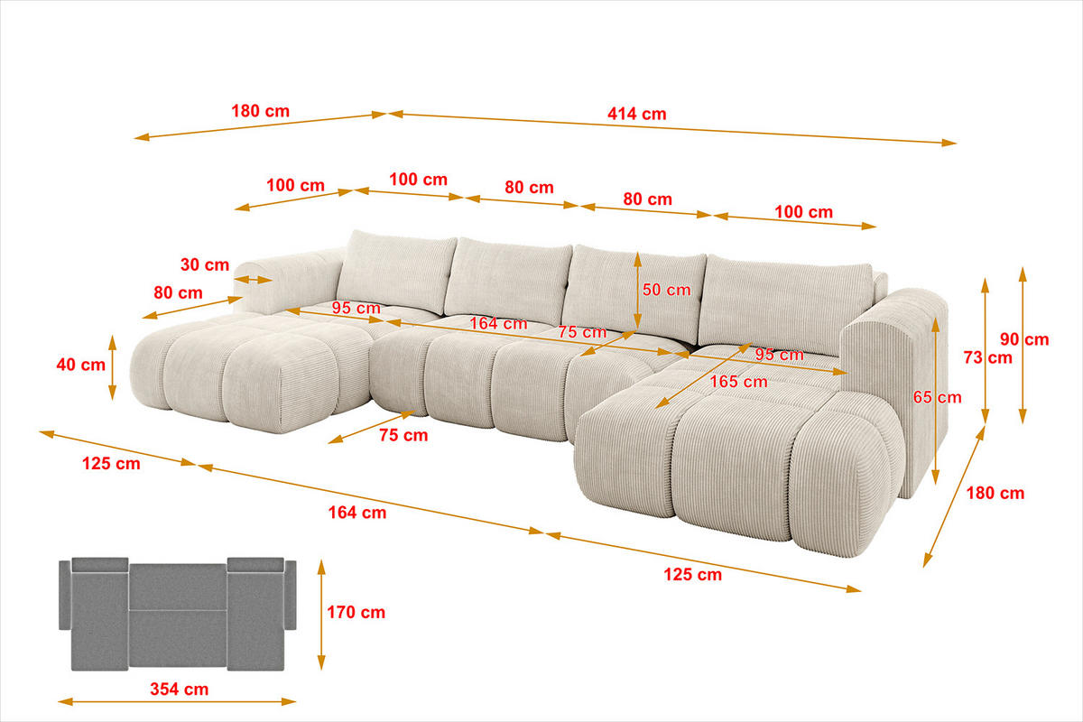 WOHNLANDSCHAFT Ottomane Links CLOUD-U 414x180x40 Beige Cord - Beige, Holzwerkstoff/Kunststoff (414/90/180cm) - ALTDECOR