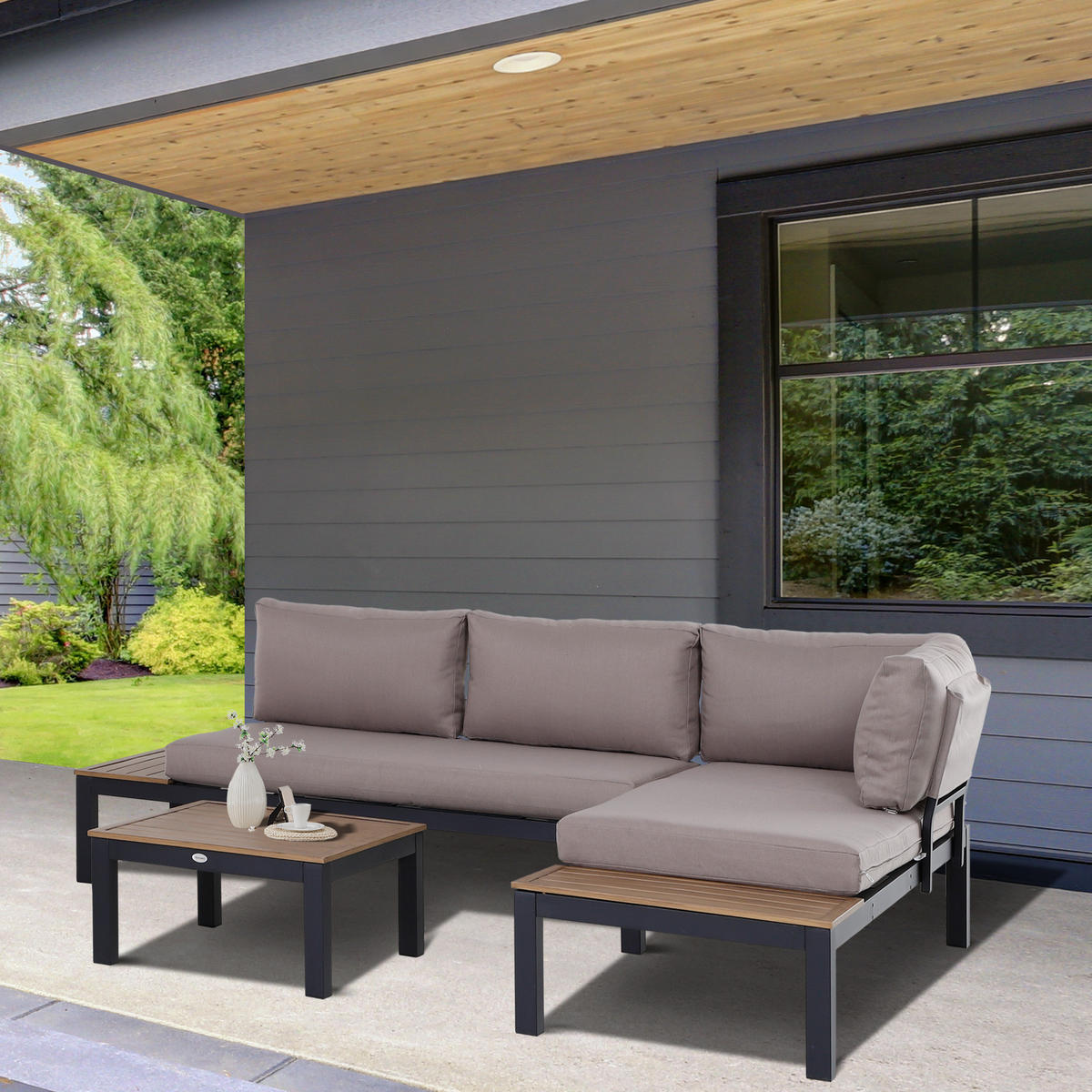 GARTENMÖBEL-SET FÜR 3 PERSONEN DE-06520 Sofa mit Kissen, Beistelltisch Outdoor, Aluminium - Naturfarben/Grau, Textil/Metall - ComfortXL