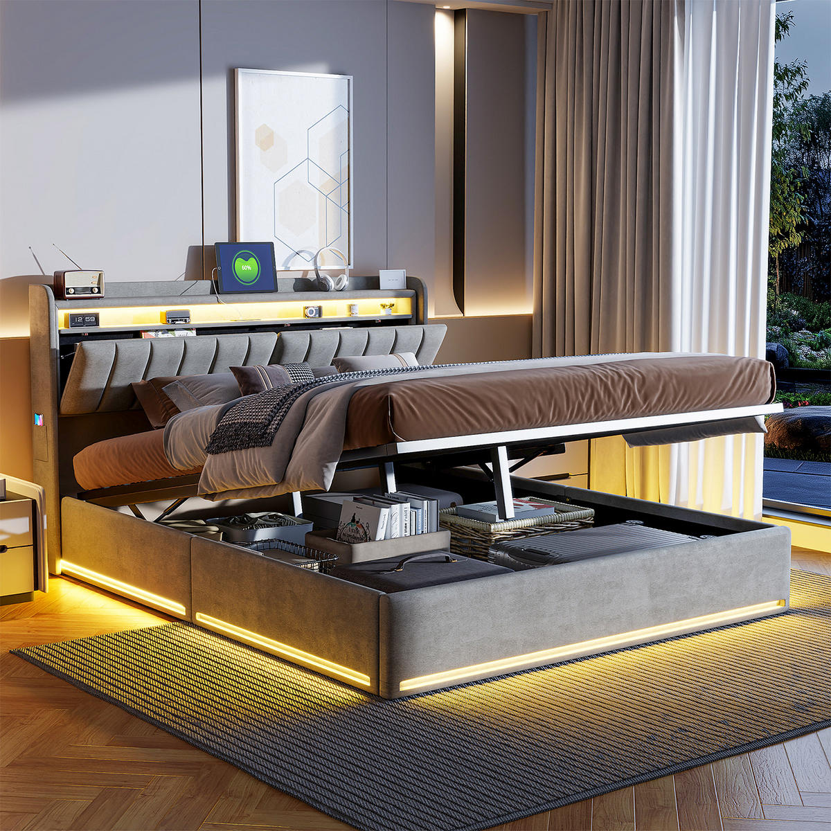 POLSTERBETT 140x190 cm Grau Samt LED USB Stauraum Bettkasten - Grau, Holz (140/190cm) - SHOPENTRA