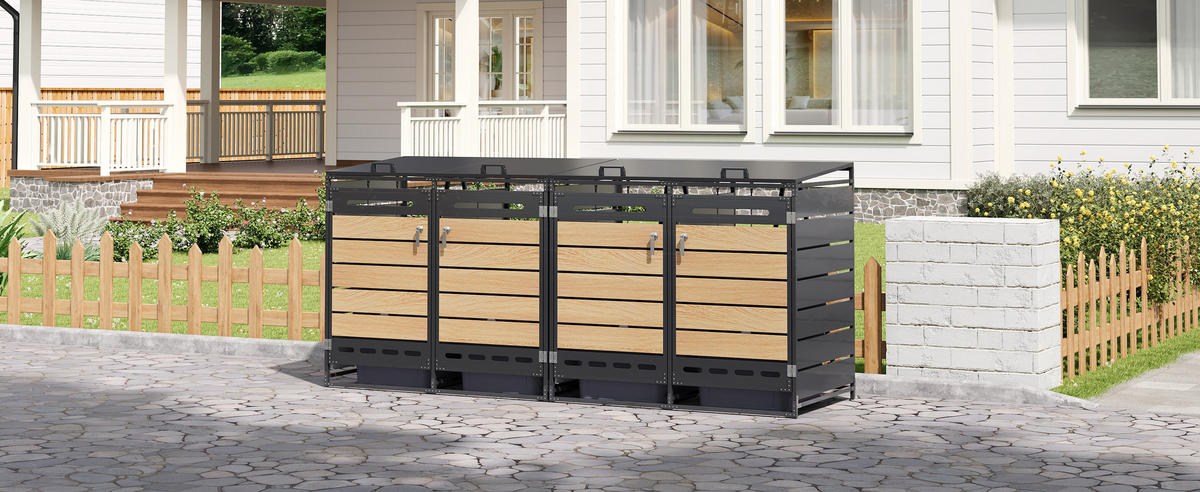 MÜLLTONNENBOX 4er Set Hydraulik Deckel Holzoptik horizontal Schloss - Schwarz, Metall (262/116/79cm) - LEBENLANG