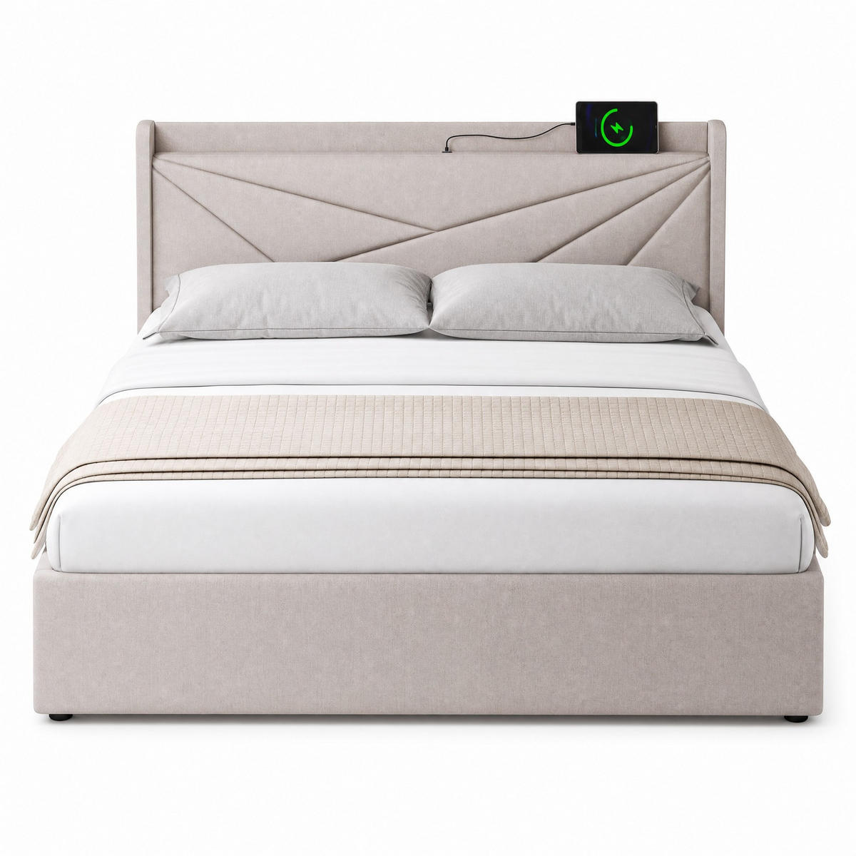 POLSTERBETT 180/200 cm in Beige mit Bettkasten, USB, Type-C aus Leinen - Beige, Holzwerkstoff/Textil (180/200cm) - CHICFURN