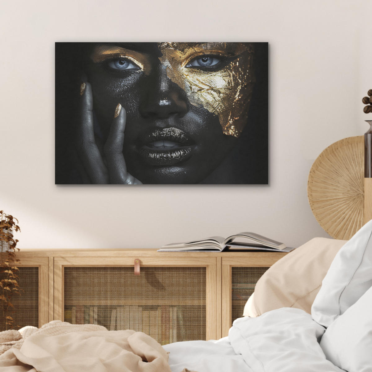 AKUSTIKBILD Frau - Gold - Porträt - Schwarz-Weiß - Luxus Wanddeko 70x50 cm - Hellblau, Kunststoff (70/50/0.9cm) - MuchoWow