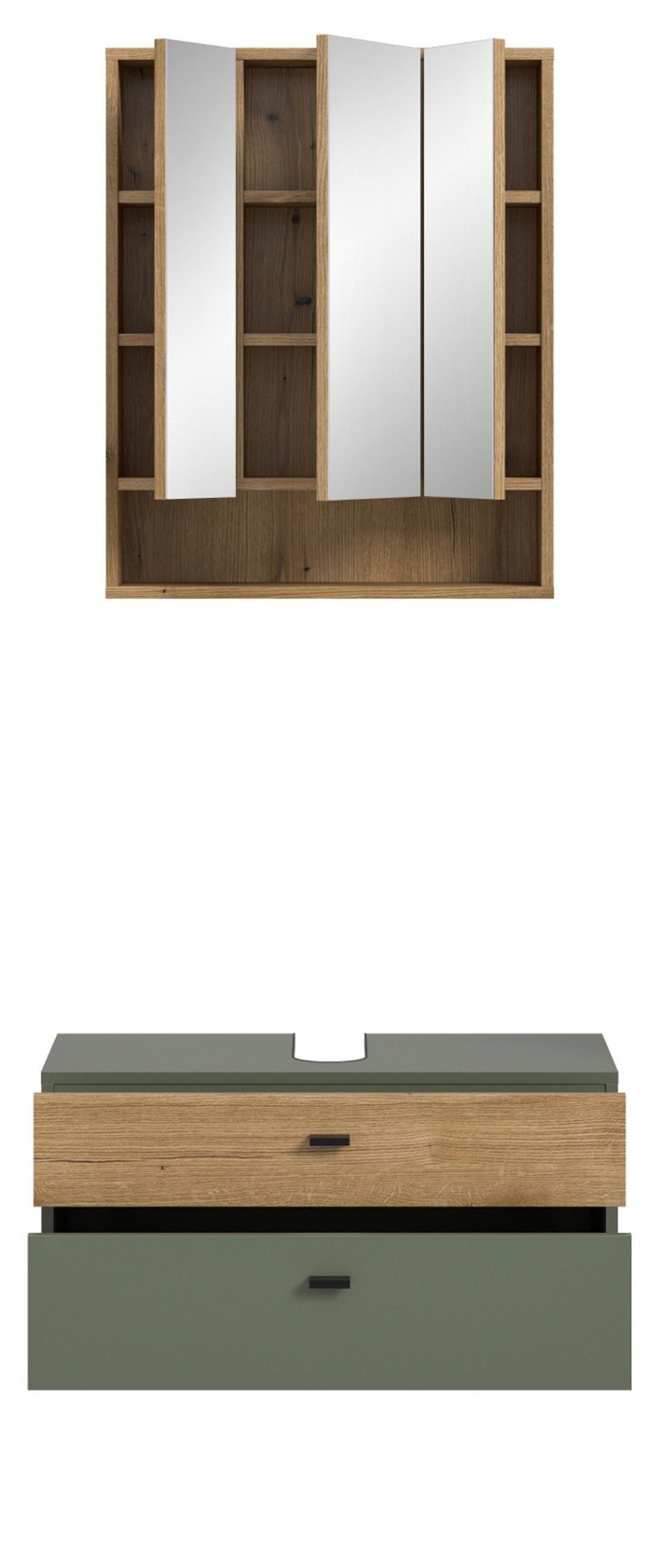 BADMÖBEL-SET grün, Evoke Eiche 2-teilig 75 cm, Badkombination in modernem Design - Eichefarben/Schwarz, Glas/Holzwerkstoff (75/191/35cm) - Inn.Furn