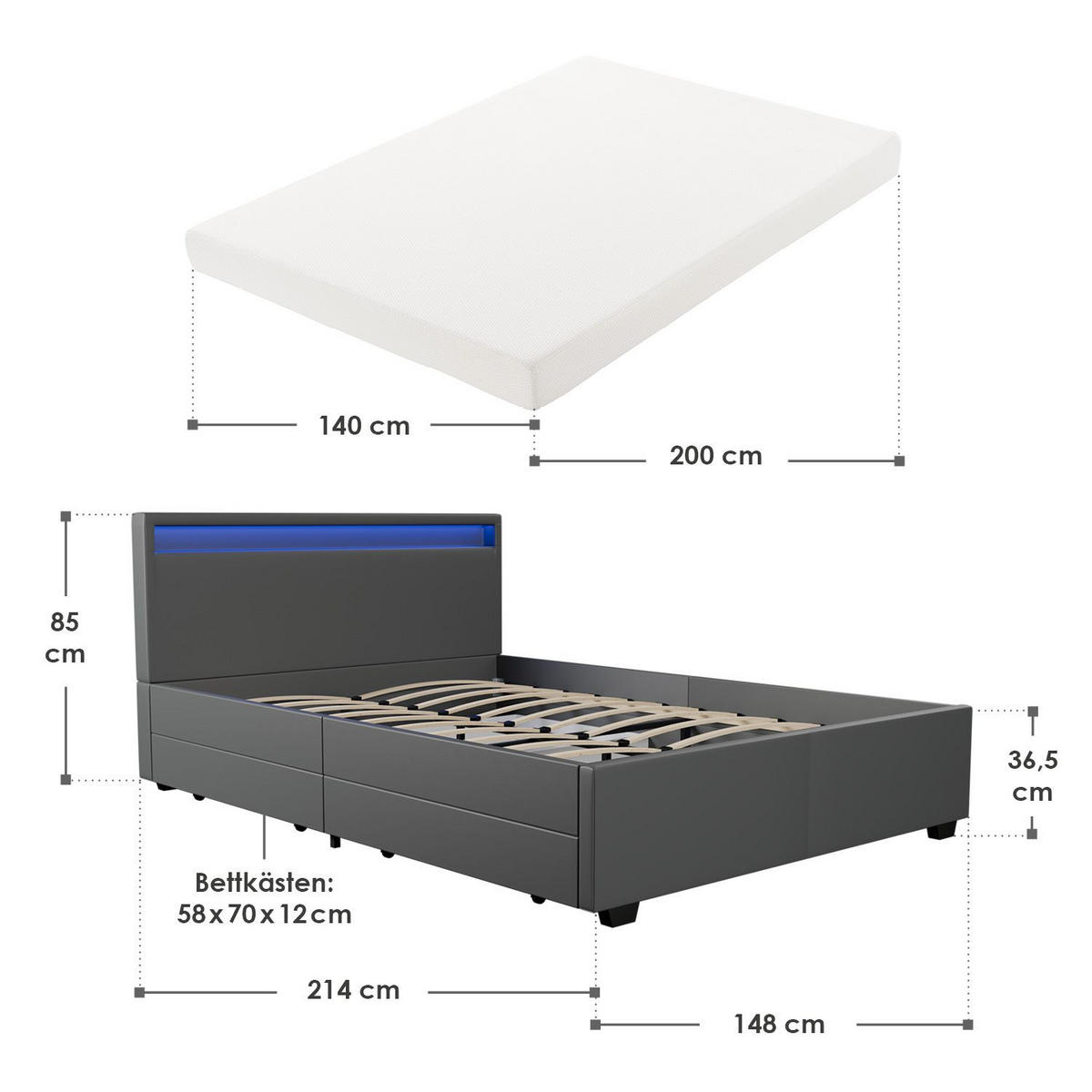POLSTERBETT Lyon mit Matratze dunkelgrau 140x200cm - Grau, Textil (140/200cm) - Juskys