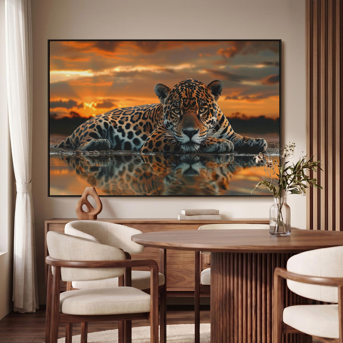 LEINWAND Bilder mit Rahmen - Natur - Leopard - Tier - Sonnenuntergang - Modern - 120x80 - Orange, Textil (120/80cm) - MuchoWow